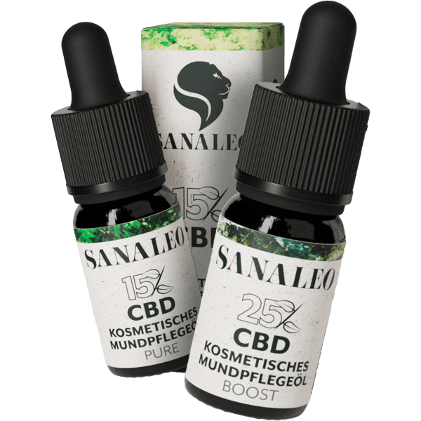 Sanaleo CBD Mundpflegeöl Produktbild, zwei Tropfflaschen mit 15% und 25% CBD, ästhetisch arrangiert vor einer stilvollen Verpackung. Ideal für kosmetische Anwendungen.
