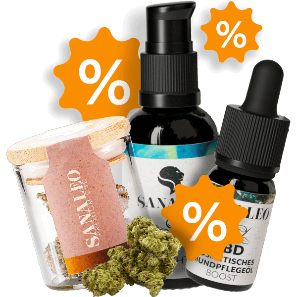 CBD-Produkte von SanaLeo mit Rabattzeichen, darunter Glas mit CBD-Blüten, CBD-Öl-Fläschchen und Pflegeöl, ideal für natürliche Entspannung und Wohlbefinden.