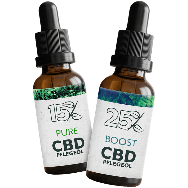 Sanaleo CBD Pflegeöl Produktbild, zwei Tropfflaschen Pure 15% und Boost 25% CBD. Zur Pflege der Haut.