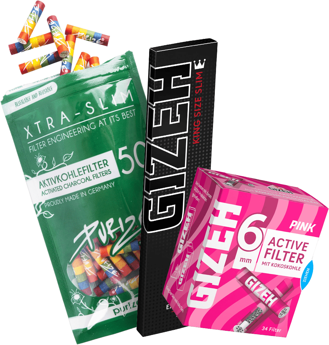 Verschiedene Filterprodukte für Tabakersatz und CBD-Nutzung: Päckchen mit bunten Aktivkohlefiltern, Gizeh King Size Slim Papier, und pinke Gizeh Aktivfilter mit Kokoskohle. Ideal zur Ergänzung von CBD-Produkten.