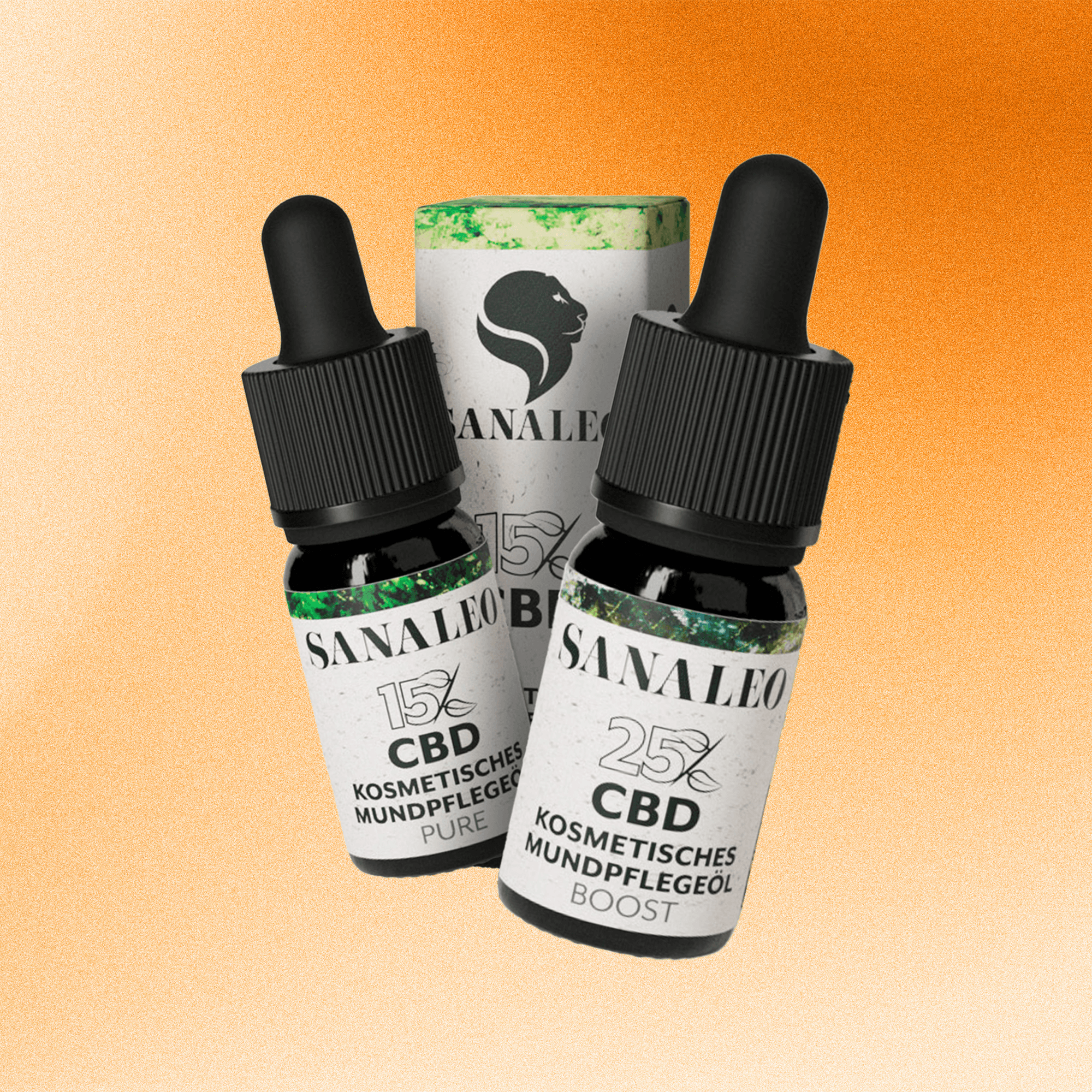 Sanaleo CBD Mundpflegeöle vor orangefarbenem Hintergrund. Zwei Flaschen mit 15% und 25% CBD-Gehalt, ästhetisch präsentiert. Ideal für Wohlbefinden und Pflege.