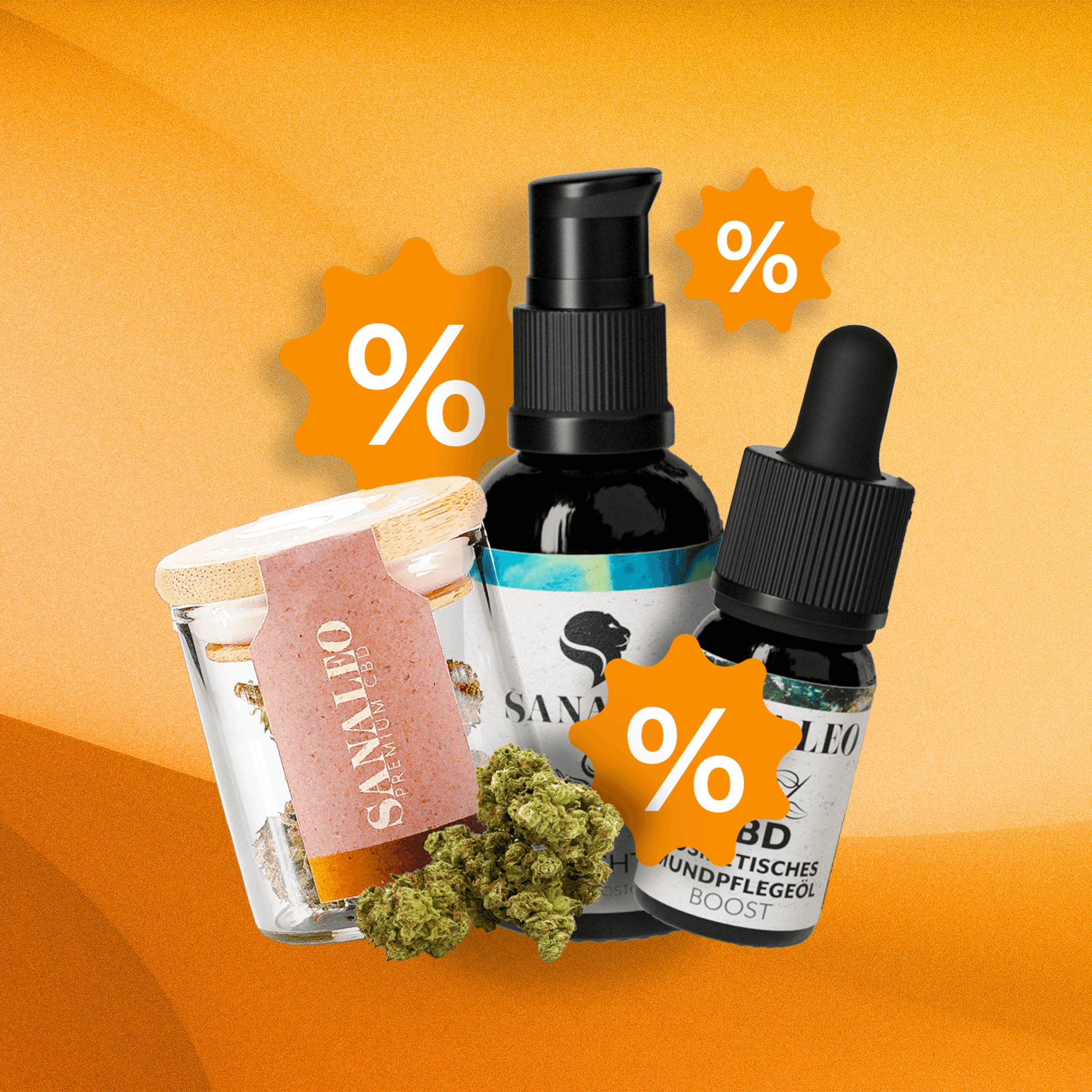 CBD-Produkte auf orangefarbenem Hintergrund, einschließlich Glas mit CBD-Blüten, CBD-Öl mit Pipette und Sprayflasche, gekennzeichnet mit Prozentzeichen als Rabattindikator. Ideal zur Förderung von CBD als Tabakersatz und Wellness-Produkt.
