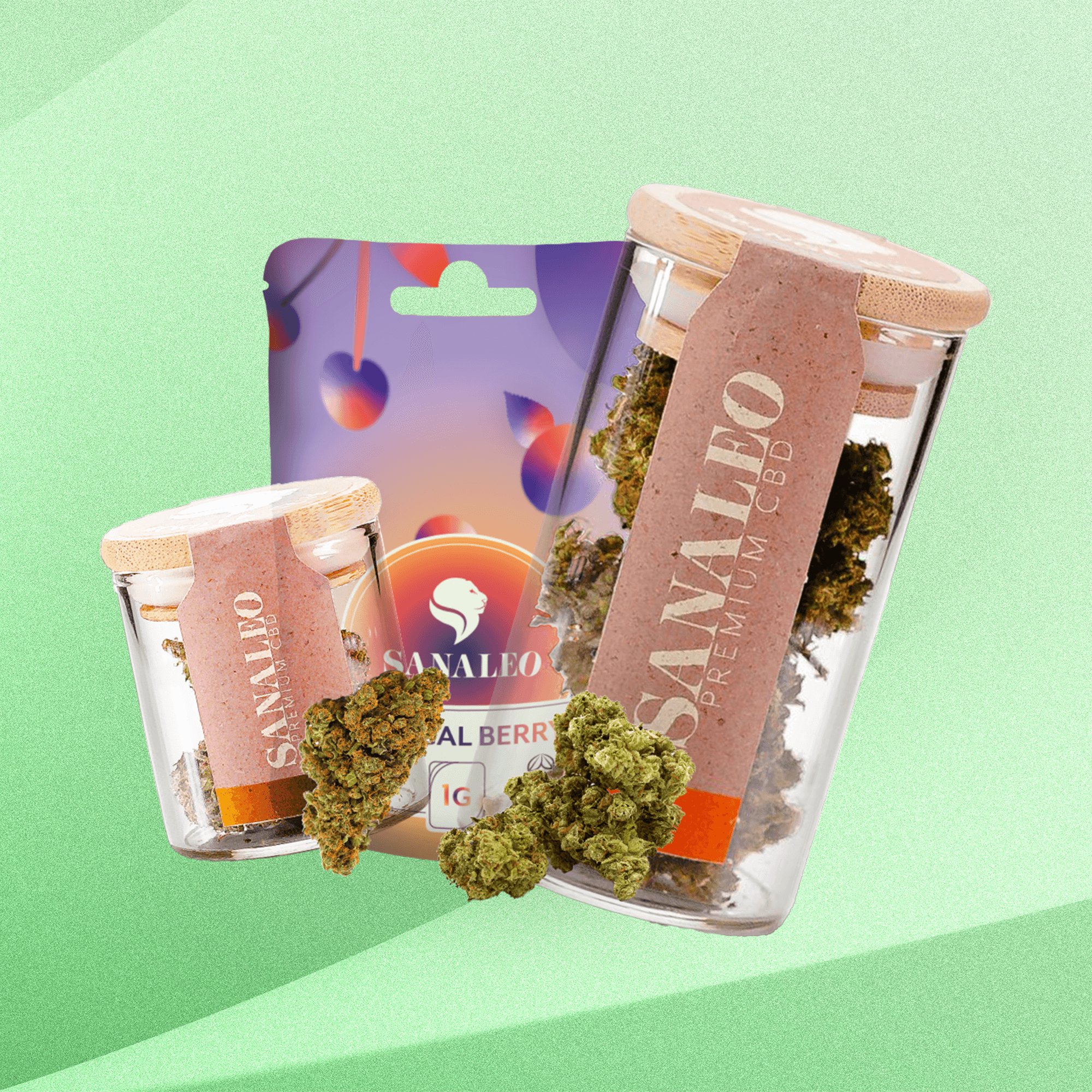 Sanaleo Premium CBD-Produkte: Zwei Gläser mit natürlichen CBD-Blüten und eine aromatische Verpackung, ideal als Tabakersatz. Perfekt für Entspannung und Wohlbefinden.