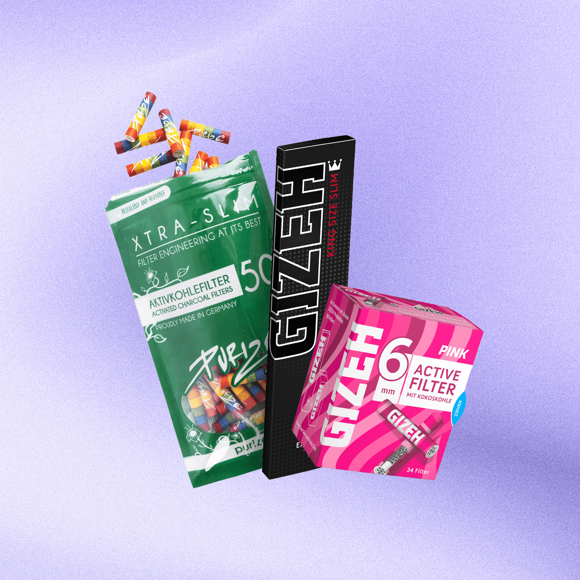Aktivkohlefilter und Zigarettenpapier von Gizeh und Purize für CBD-Produkte, Tabakersatz oder Kräutermischungen, geeignet zum Selbstdrehen, auf lila Hintergrund.