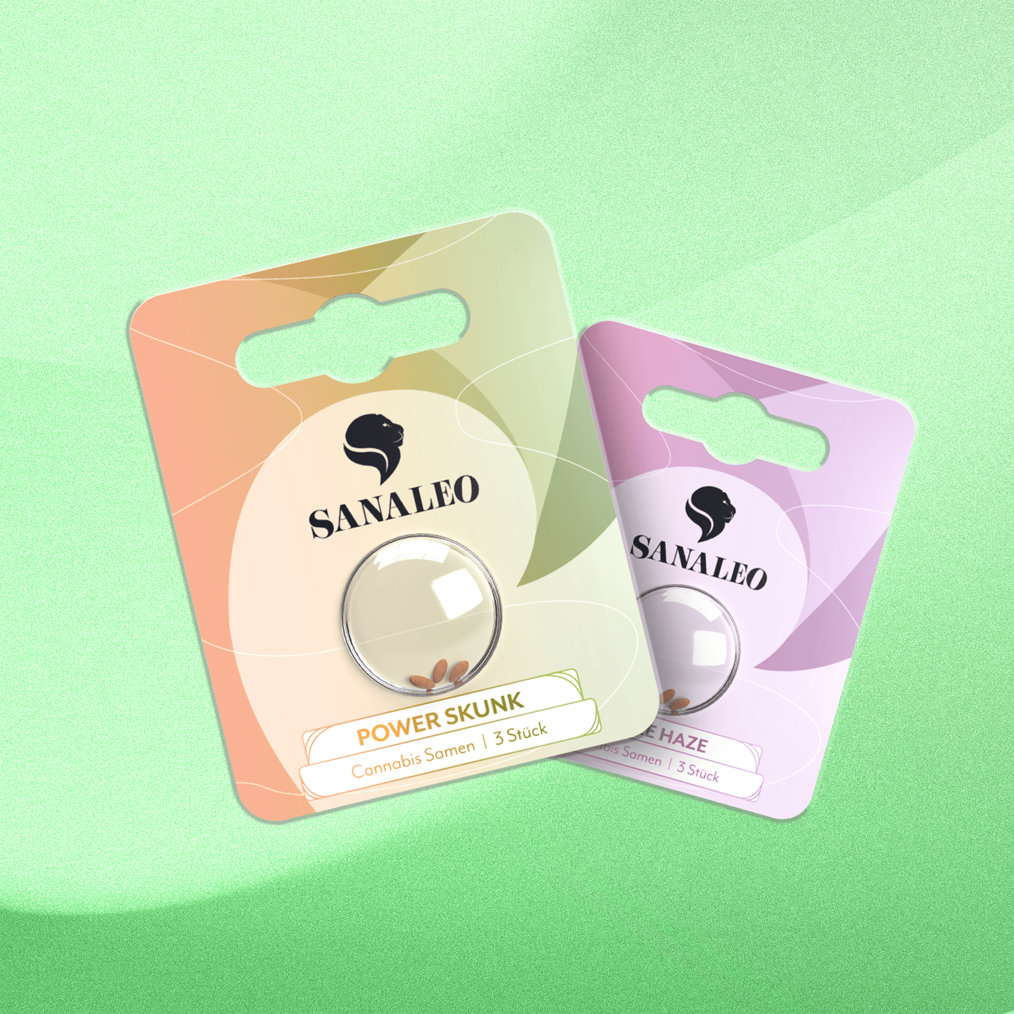 Sanaleo Cannabis-Samen "Power Skunk" und "Super Haze", jeweils 3 Stück, in ansprechender Verpackung auf grünem Hintergrund. Ideal für CBD-Enthusiasten, die hochwertige Samen suchen.