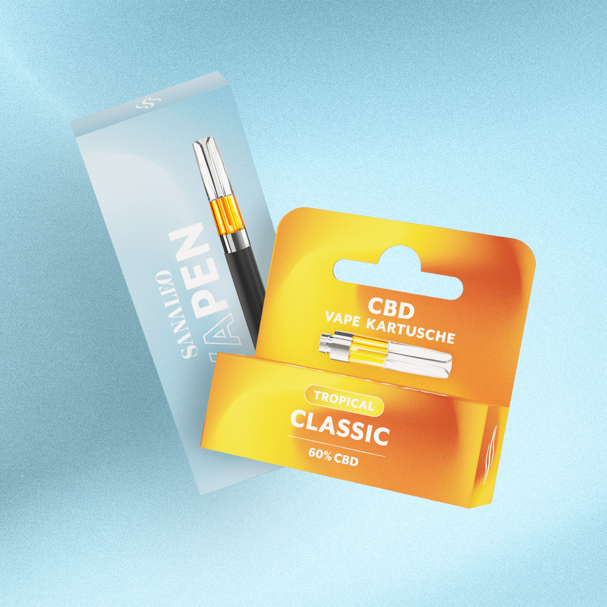 CBD Vape Kartusche und Pen mit 60% CBD-Gehalt, in attraktiver Verpackung. Ideal für Benutzer auf der Suche nach hochwertigen, tropisch inspirierten CBD-Produkten. Perfekt für den E-Commerce-Shop für CBD-Bedarf.