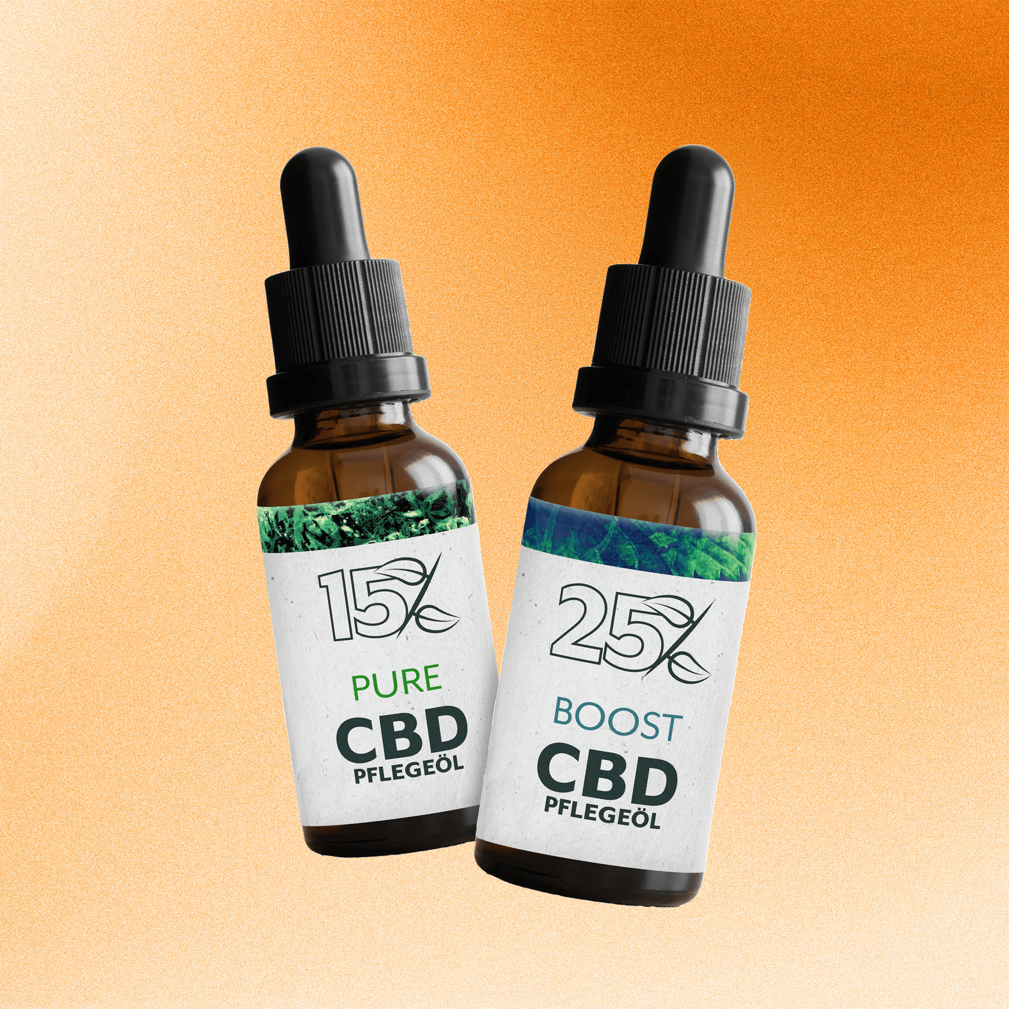 Sanaleo CBD Pflegeöle vor orangefarbenem Hintergrund. Zwei Flaschen mit 15% und 25% CBD-Gehalt zur Pflege der Haut.
