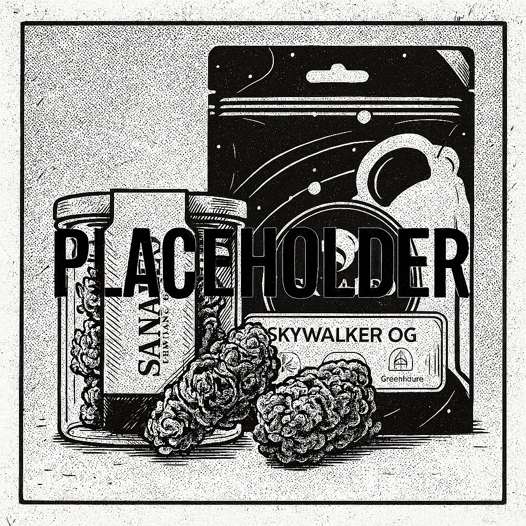 PLACEHOLDER Bild, CBD-Blüten in einem Glasbehälter und einer Aromaverpackung