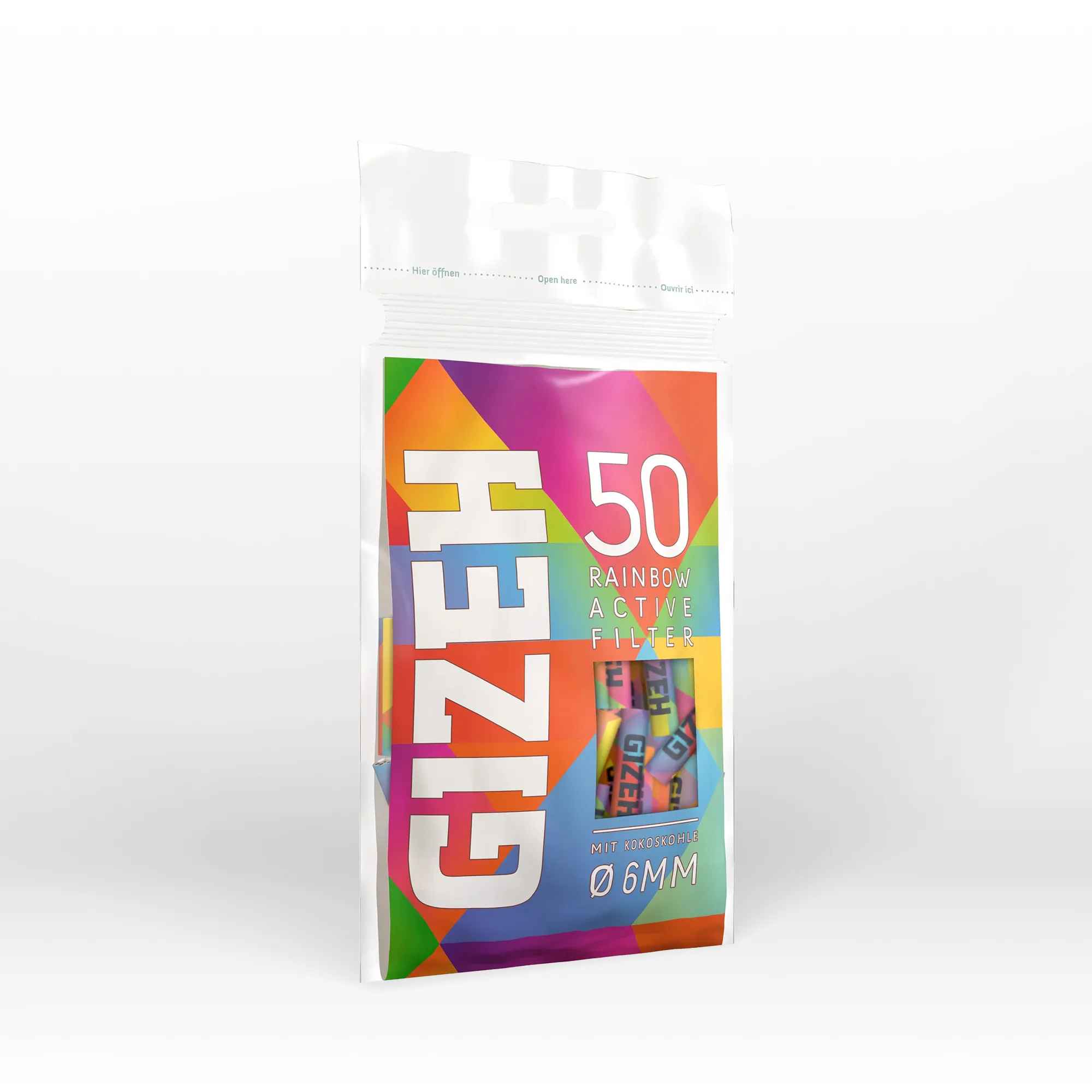 Bunte GIZEH Rainbow Aktivfilter 50er Pack, Ø 6 mm, mit Kokoskohle