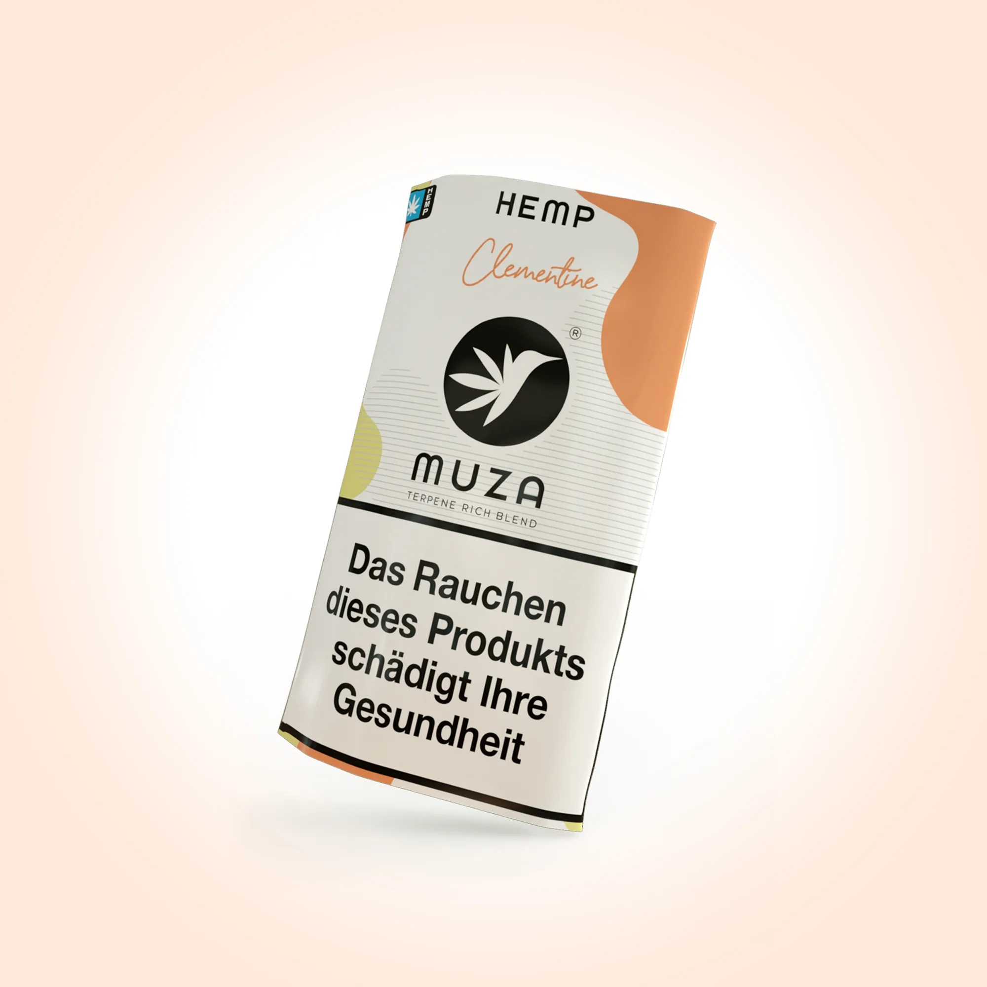 MUZA HEMP Clementine Packung mit Terpene-Rich-Blend und großer Gesundheitswarnung