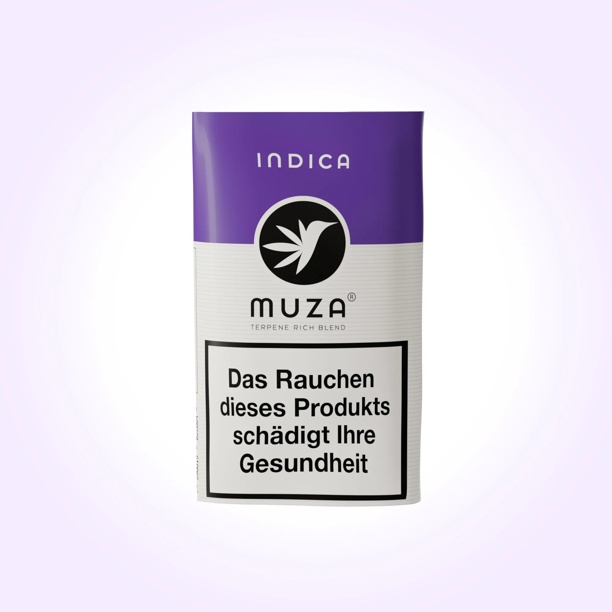 Muza Indica Packung, lila-weiße Verpackung mit Terpene-Blend und Gesundheitswarnung