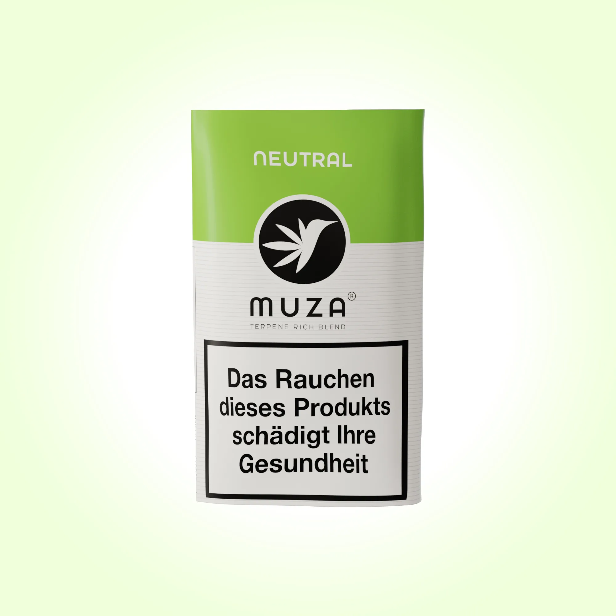 MUZA Neutral Packung mit grünem Oberteil und großem Gesundheitswarnhinweis