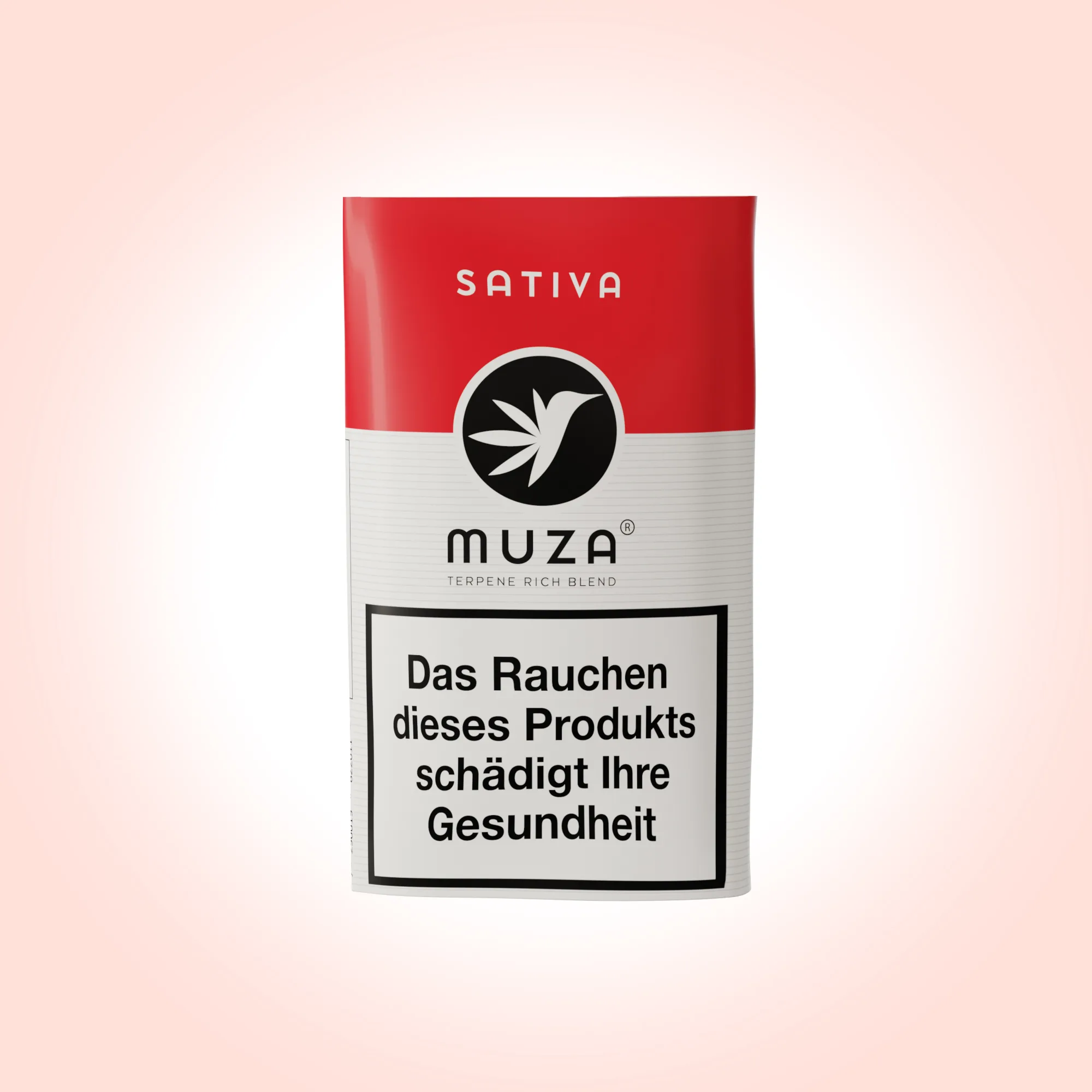 MUZA Sativa Packung mit terpenreichem Blend und Gesundheitswarnung