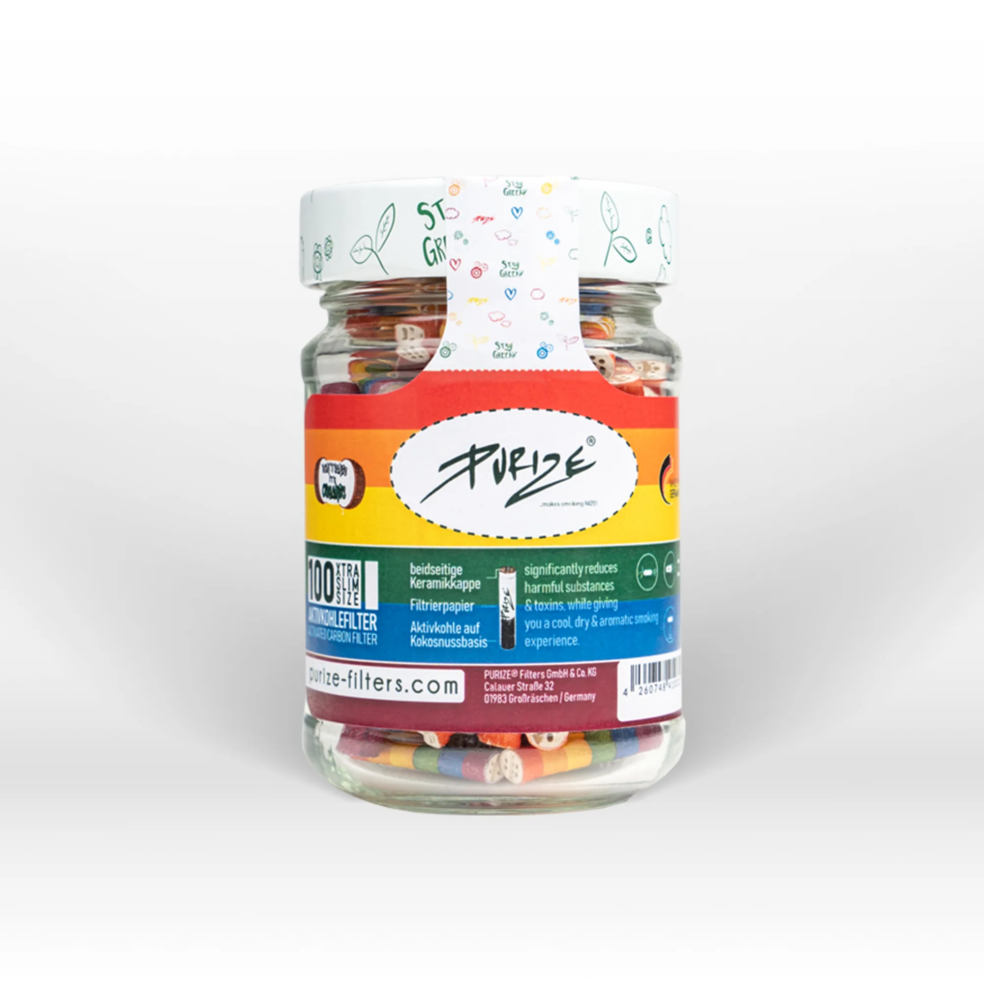 Purize Glas mit 100 bunten Aktivkohlefiltern, Xtra Slim Größe