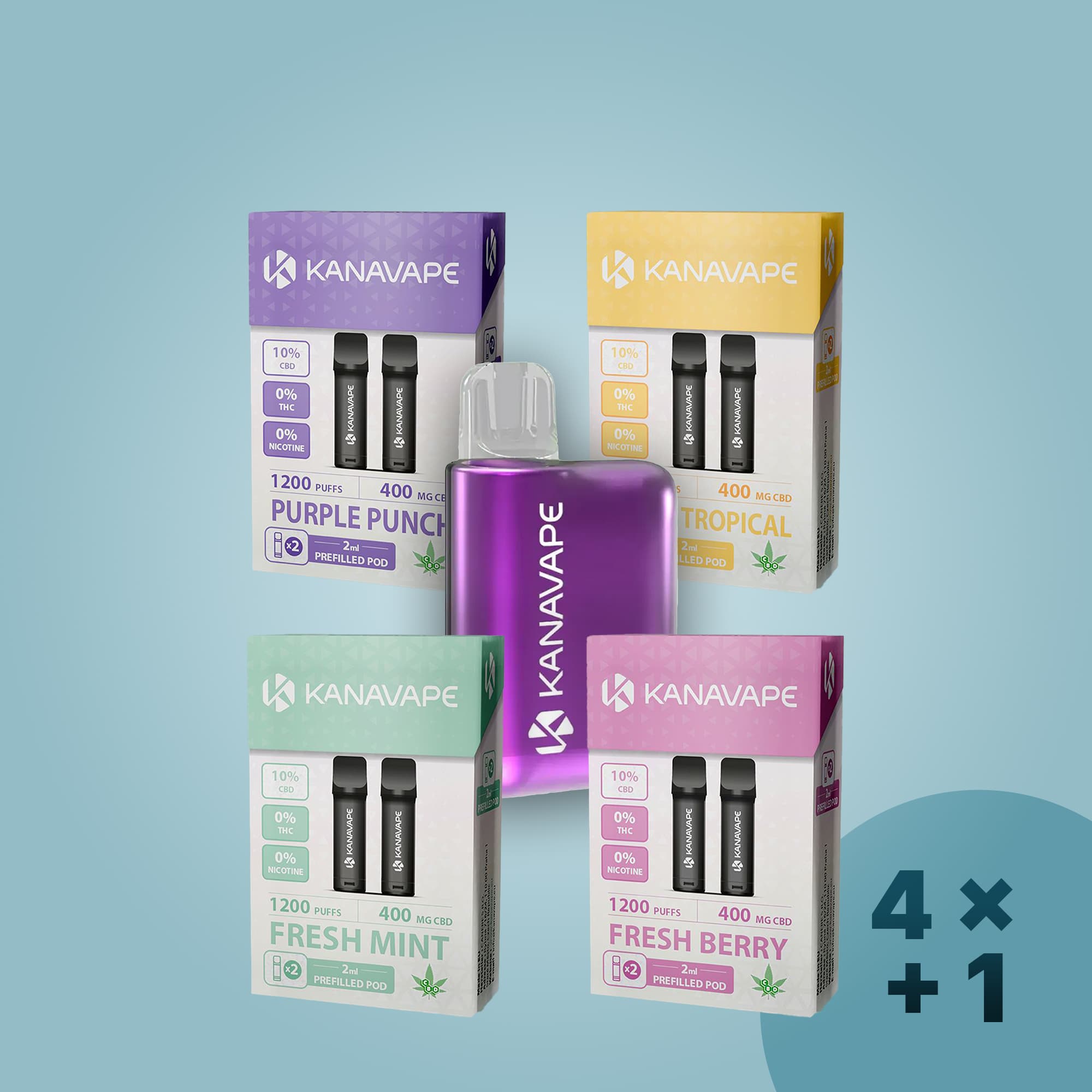 Vier Kanavape CBD-Pod-Packungen mit dem Kanaape-Pods-Akkuträger: Purple Punch, Fresh Tropical, Fresh Mint, Fresh Berry