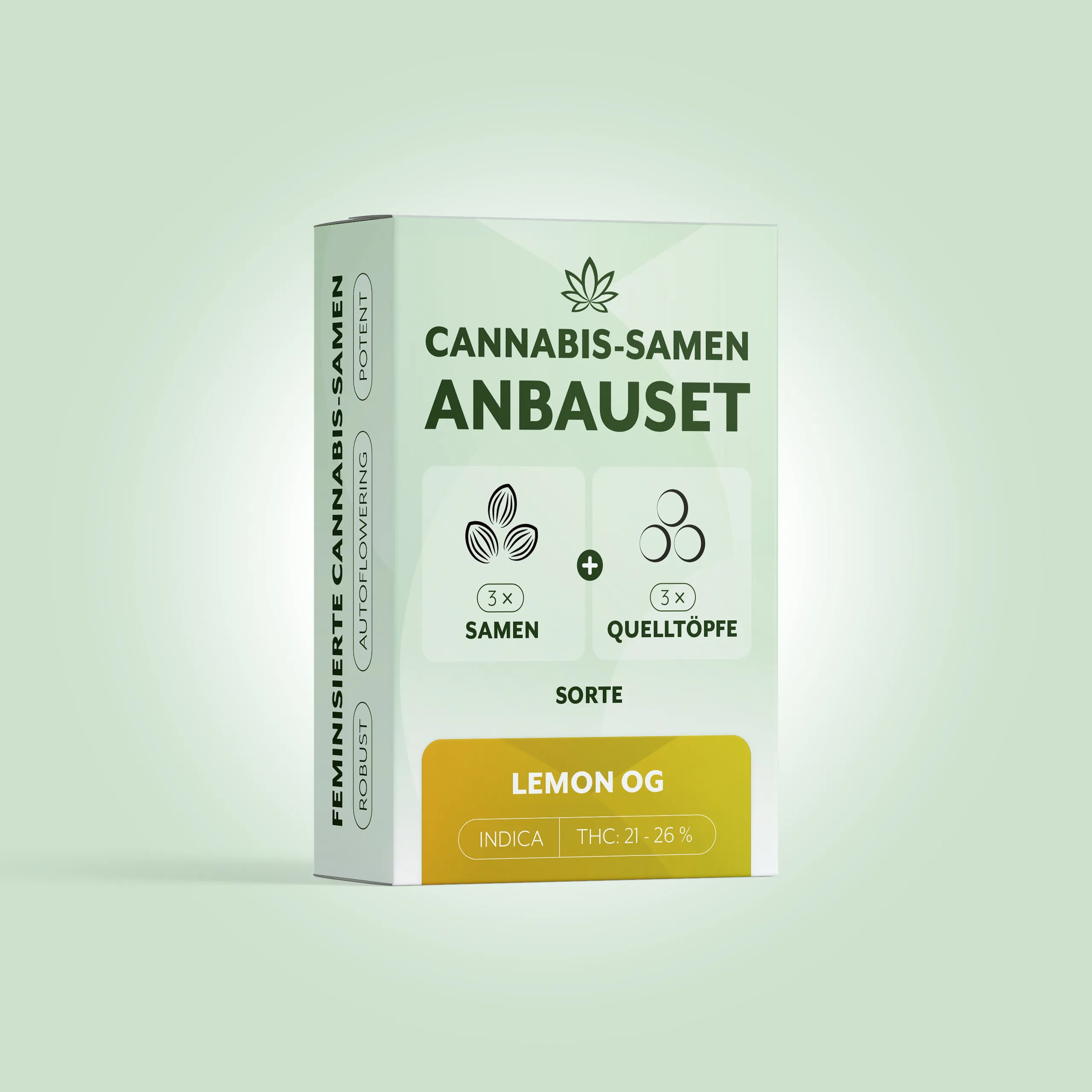 Pastellgrüne Verpackung 'Cannabis-Samen Anbauset' Lemon OG, 3× Samen und 3× Quelltöpfe