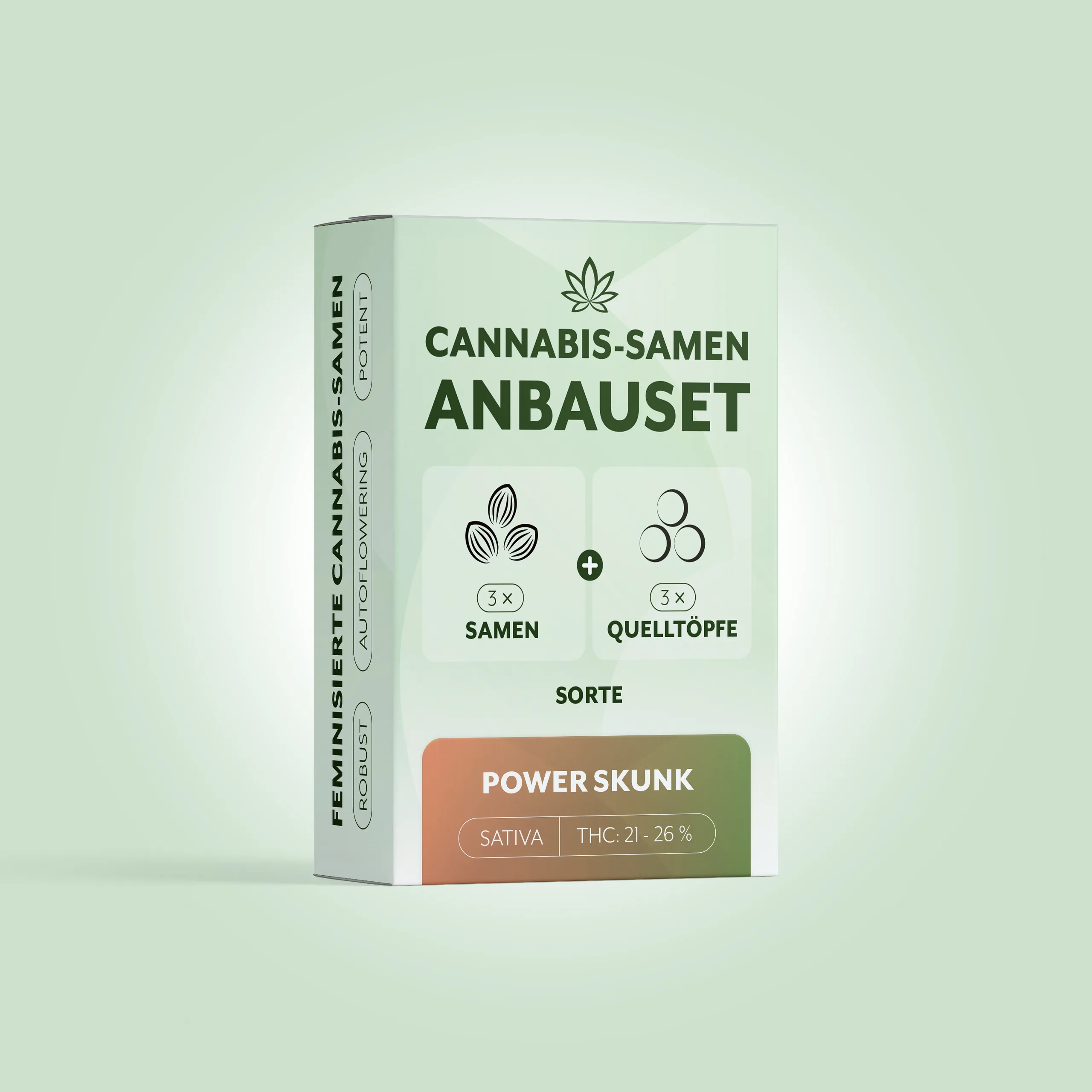 Anbauset mit 3 Samen und 3 Quelltöpfen, Power Skunk (Sativa, THC 21–26%)