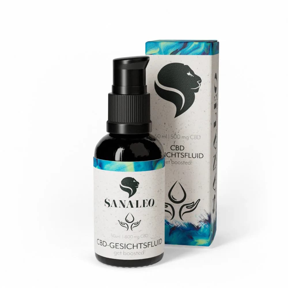 Sanaleo CBD-Gesichtsfluid 50 ml Pumpflasche mit Kartonverpackung, 500 mg CBD, weißes Label