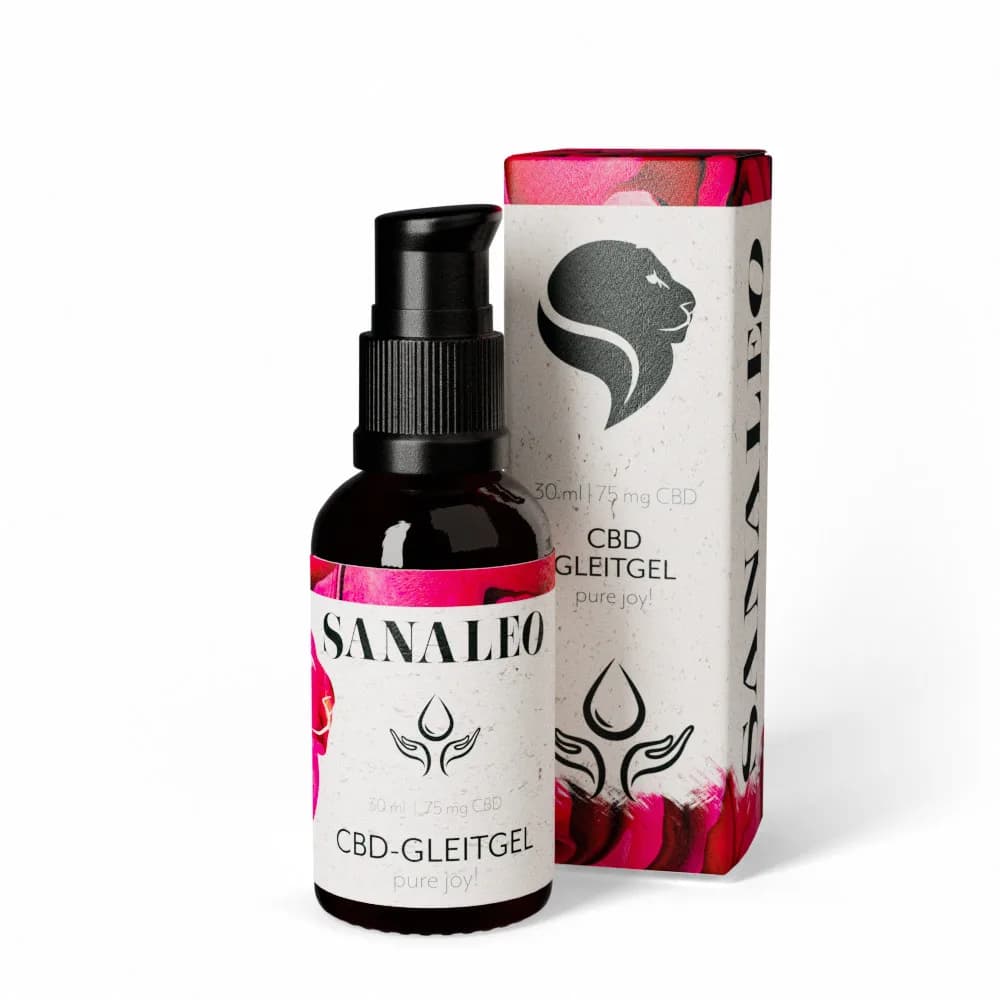 Sanaleo CBD-Gleitgel 30 ml Flasche mit Pumpkopf und Verpackung