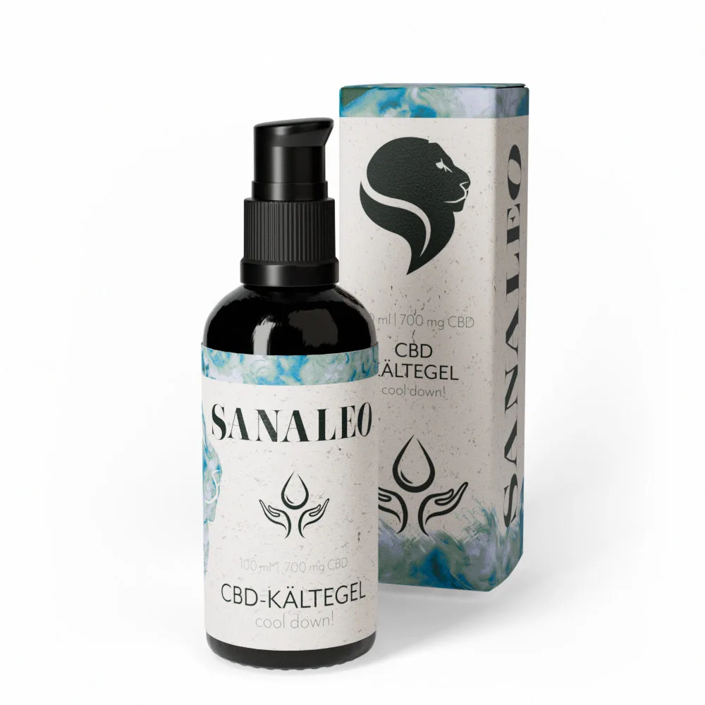 Sanaleo CBD-Kältegel 100 ml Flasche mit Pumpzerstäuber und Verpackung