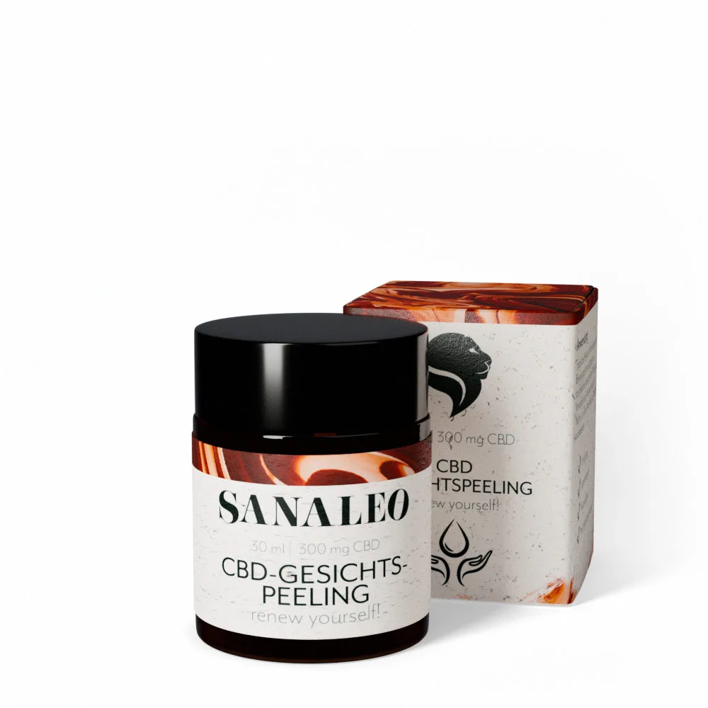Sanaleo CBD-Gesichtspeeling 30 ml mit 300 mg CBD im Glasbehälter, schwarzer Deckel und Umverpackung