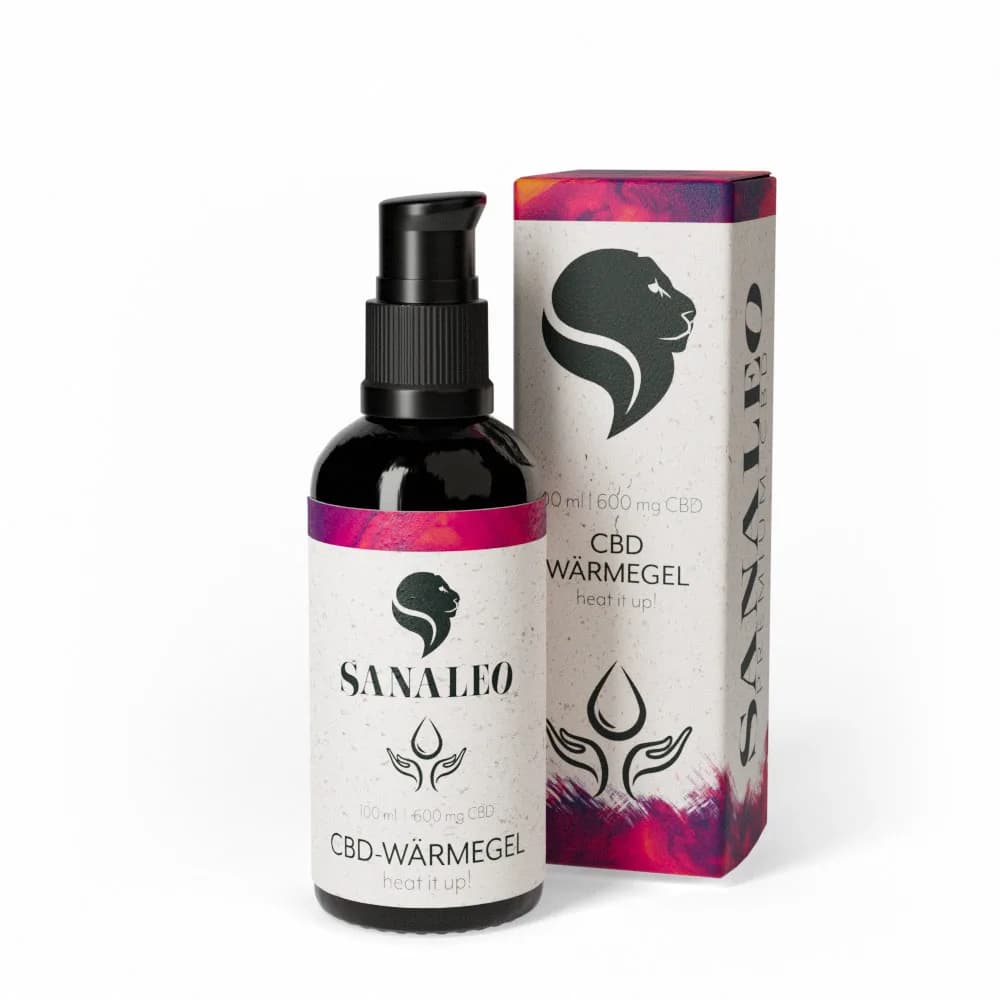 Sanaleo CBD-Wärmegel 100 ml Pumpflasche neben Verpackung, 600 mg CBD sichtbar