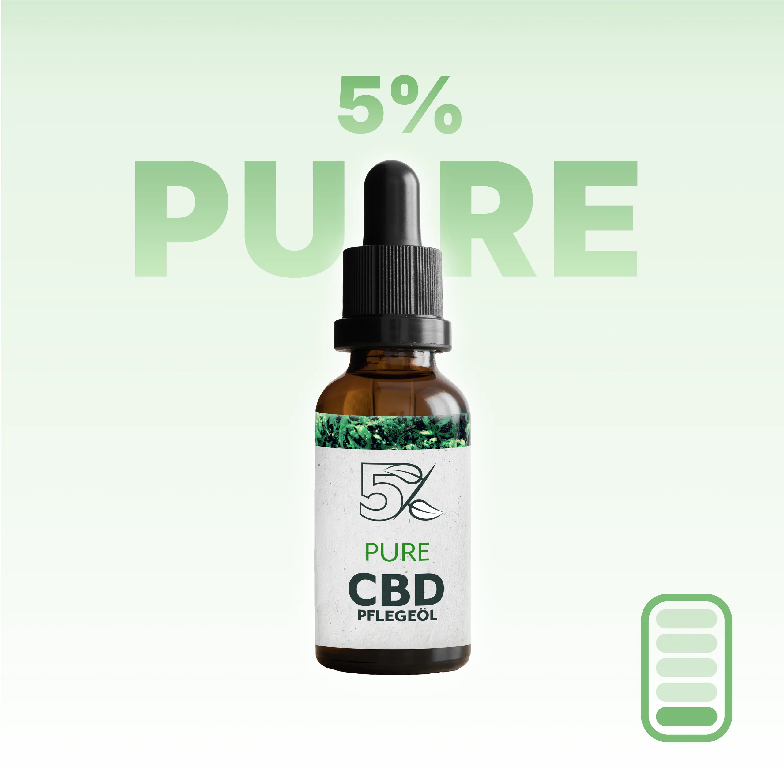 Braune Glas-Pipettenflasche mit 5% Pure CBD Pflegeöl und grünem Etikett