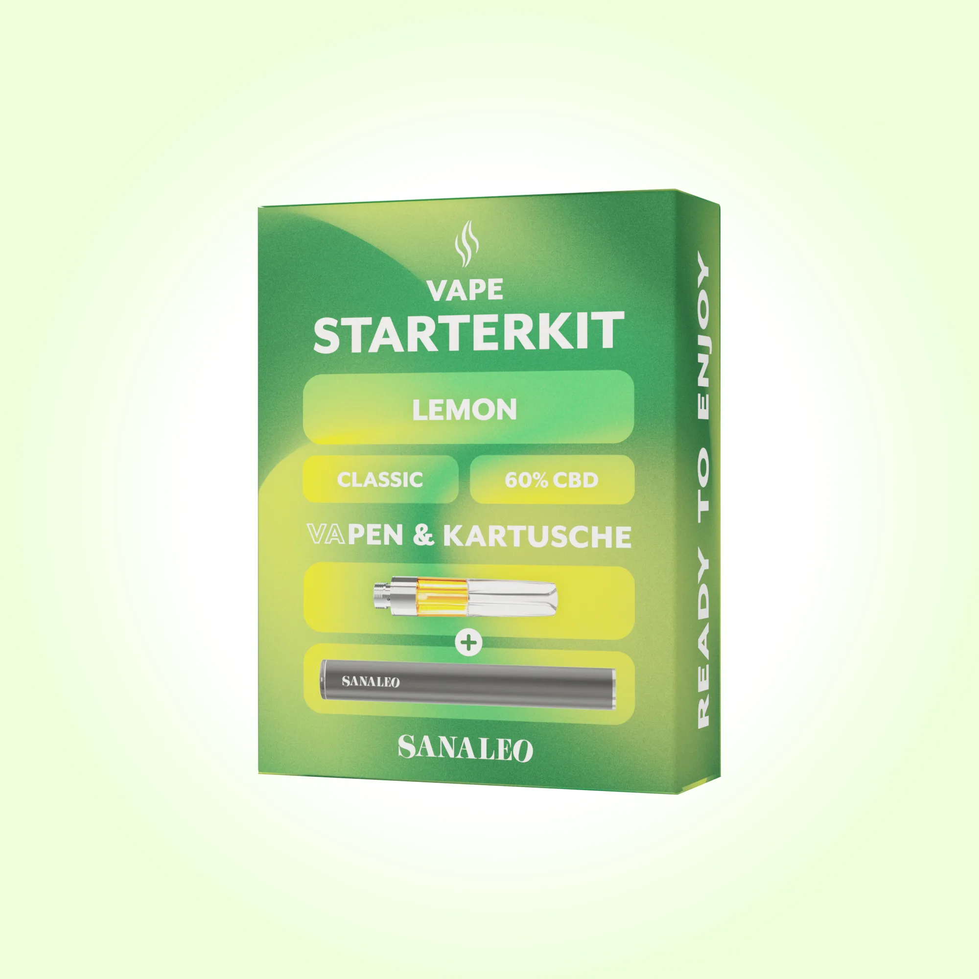 Grüne Verpackung eines Vape Starterkits LEMON mit Cartridge und Sanaleo Pen