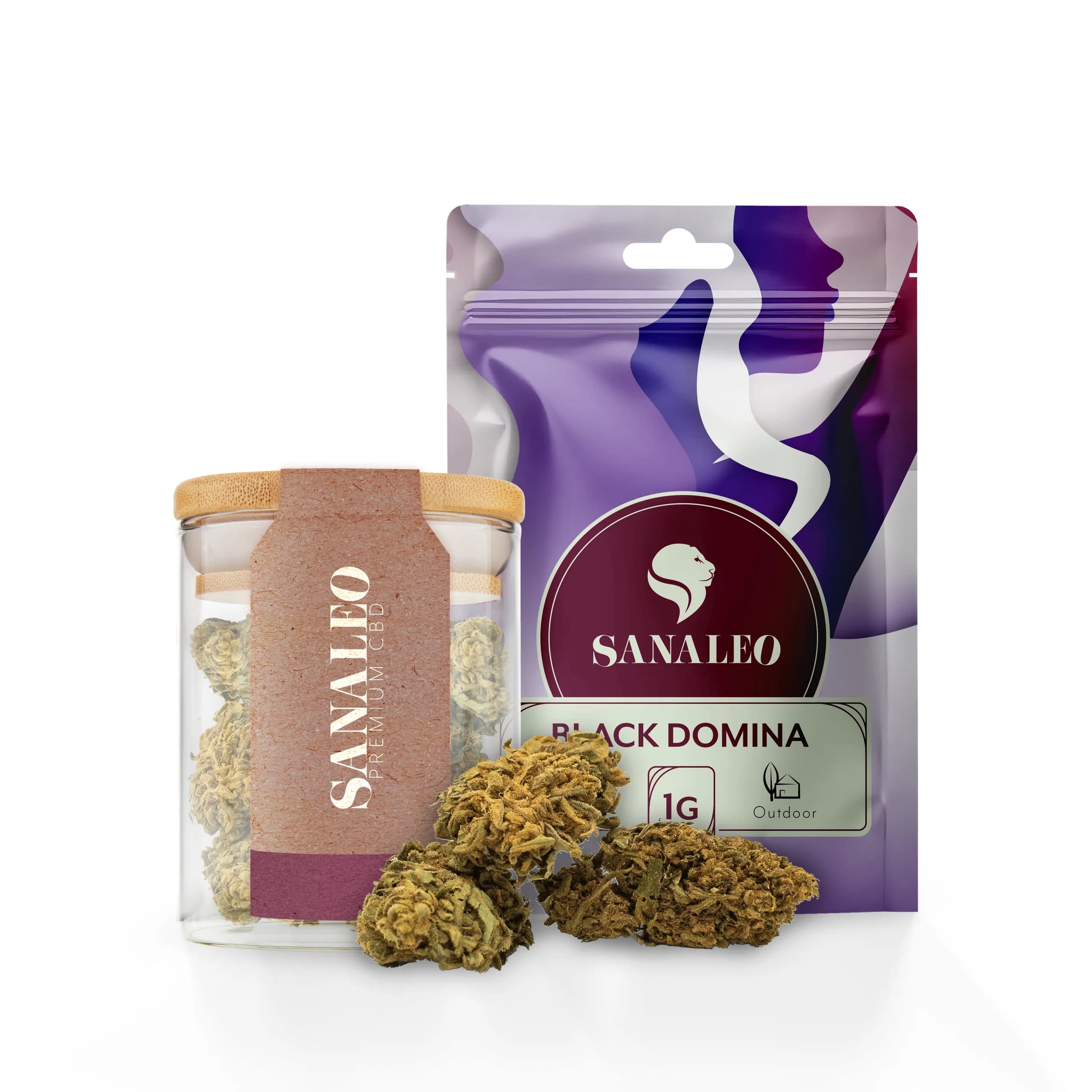 Sanaleo CBD-Blüten 'Black Domina' 1g im Glas und versiegeltem Beutel mit sichtbaren Buds