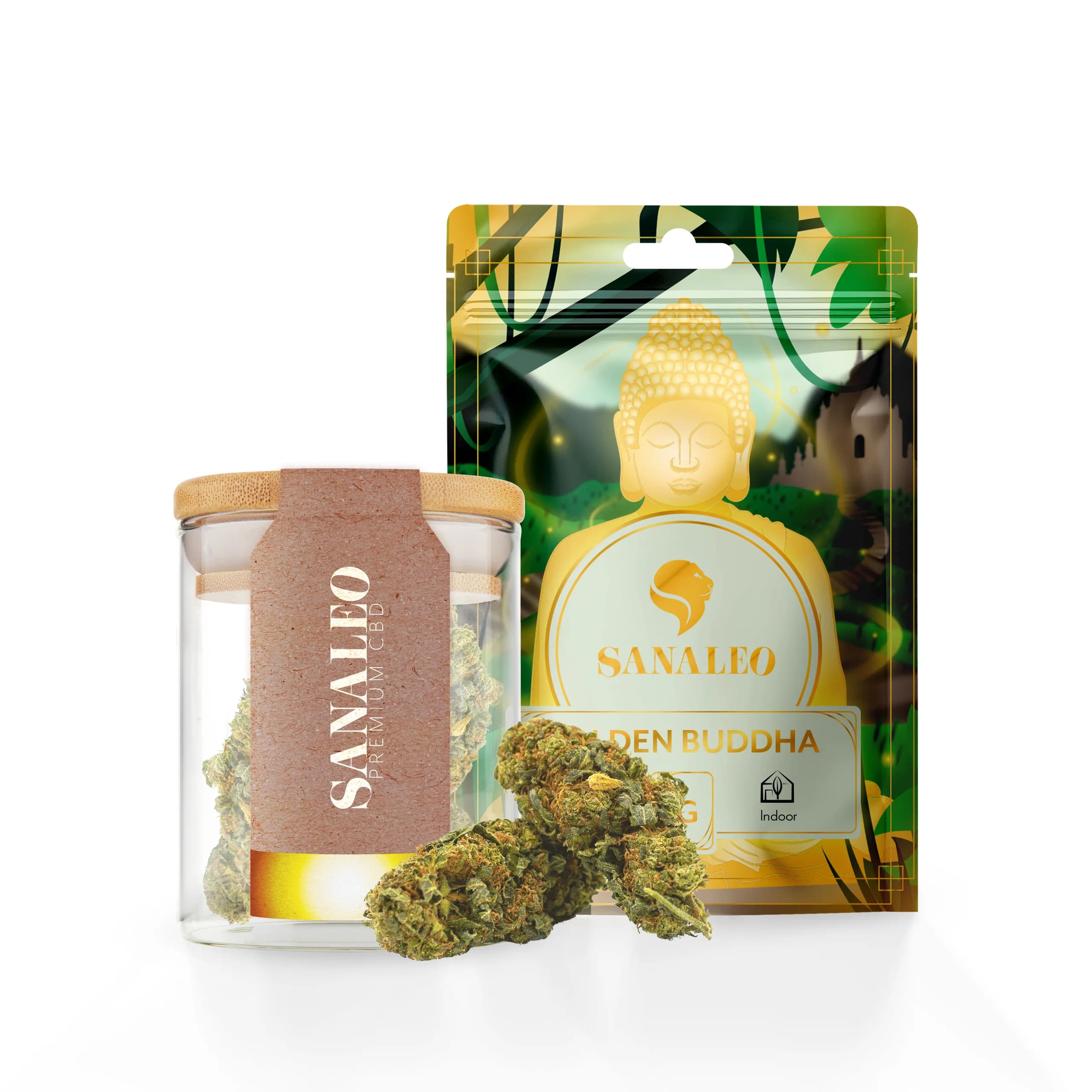 Sanaleo CBD-Blüten 'Golden Buddha' im Glas und Aromabeutel, Indoor-Symbol sichtbar