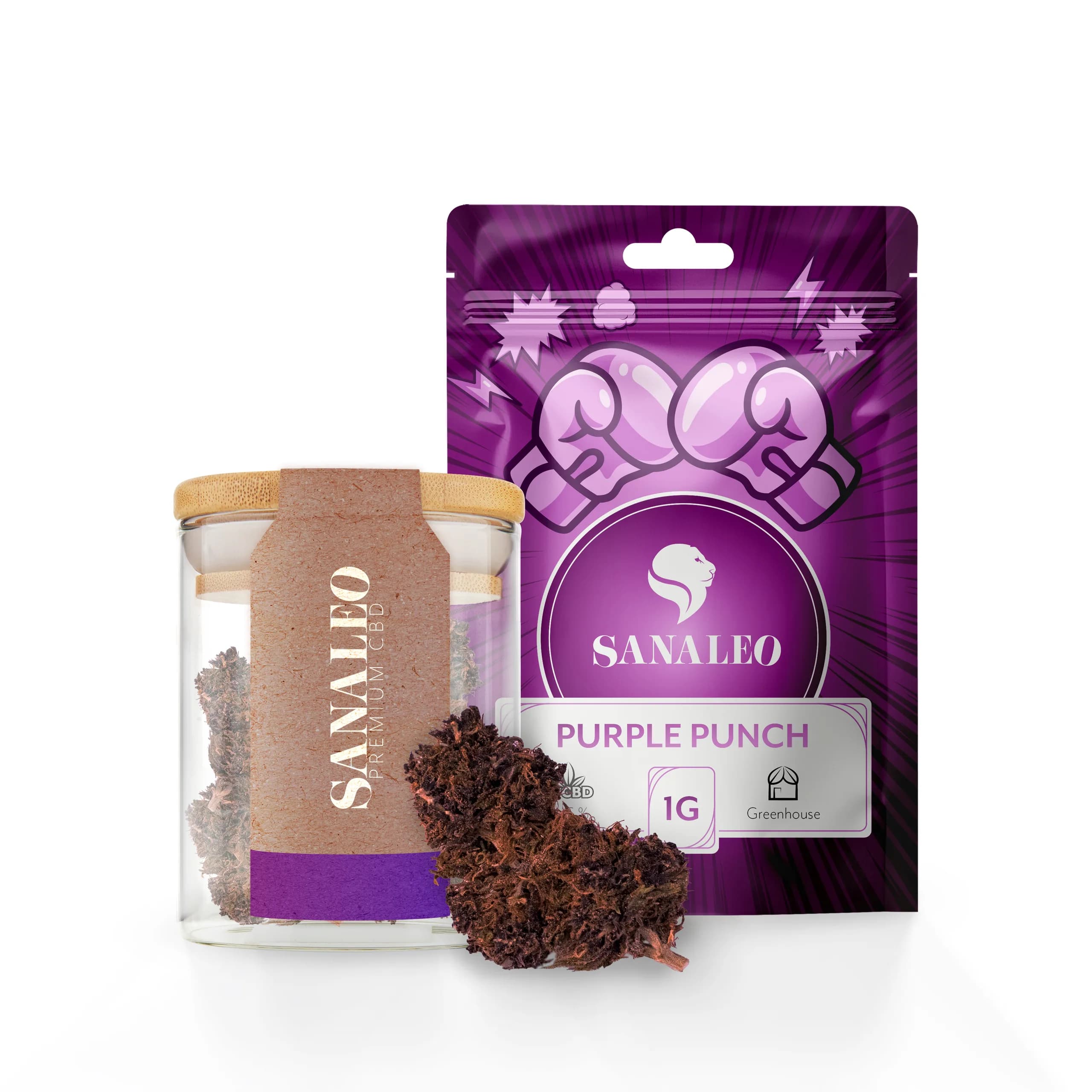 Sanaleo Purple Punch CBD-Blüten 1g im Glas und Reißverschlussbeutel, lila Packaging
