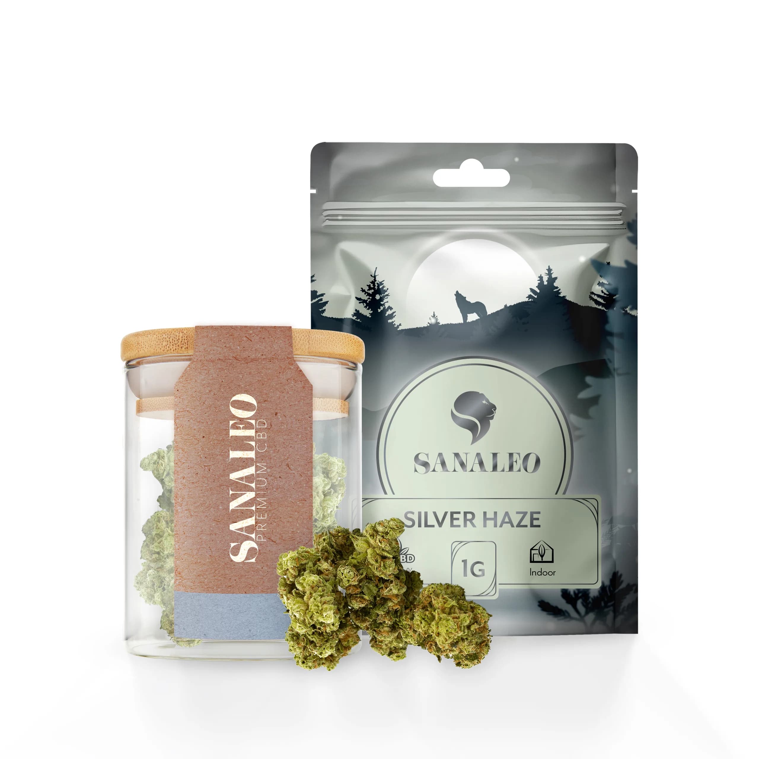 Sanaleo Silver Haze CBD-Blüten in Glasdose mit Holzdeckel und wiederverschließbarem Beutel, 1 g sichtbar