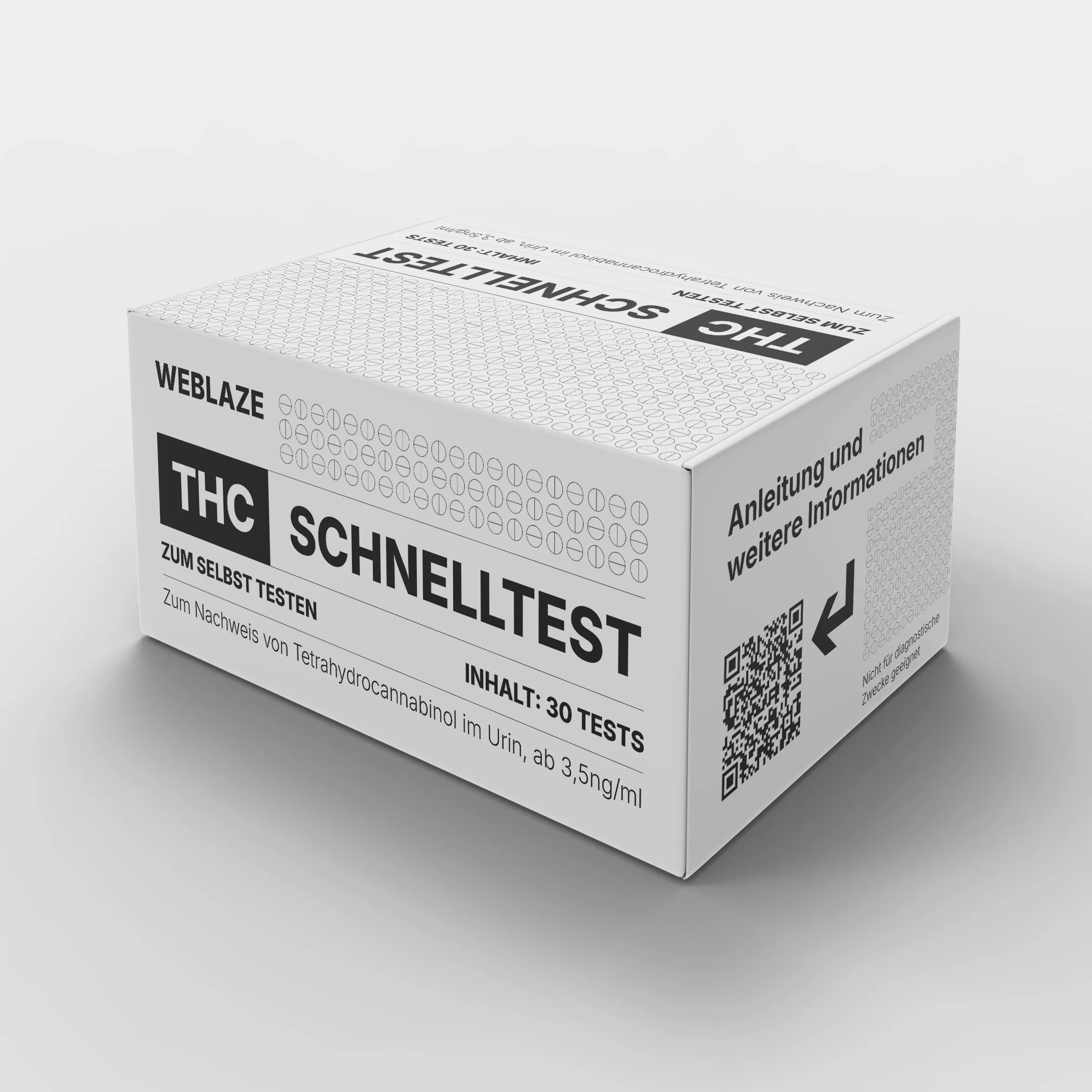 Weiße Weblaze Verpackung: THC Schnelltest Box, 30 Urin-Tests, QR-Code