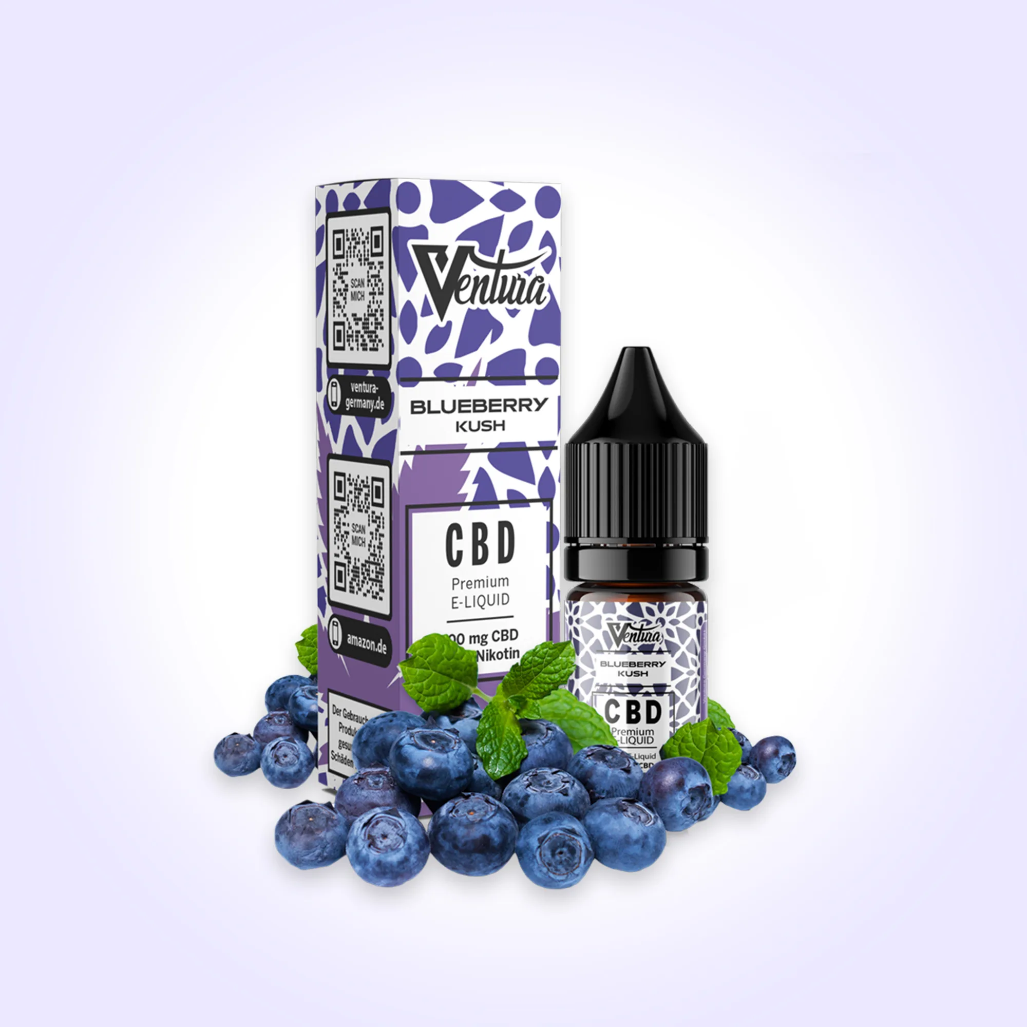 Ventura Blueberry Kush CBD E-Liquid Verpackung und Flasche mit Heidelbeeren