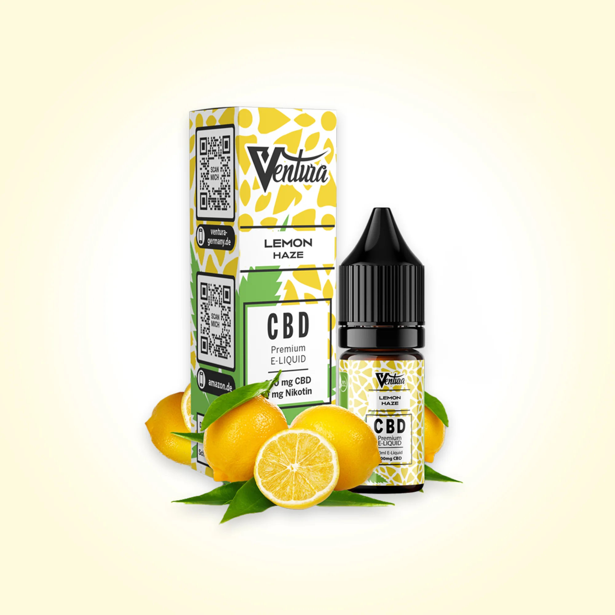 Ventura Lemon Haze CBD E-Liquid Packung und Tropfflasche mit Zitronen