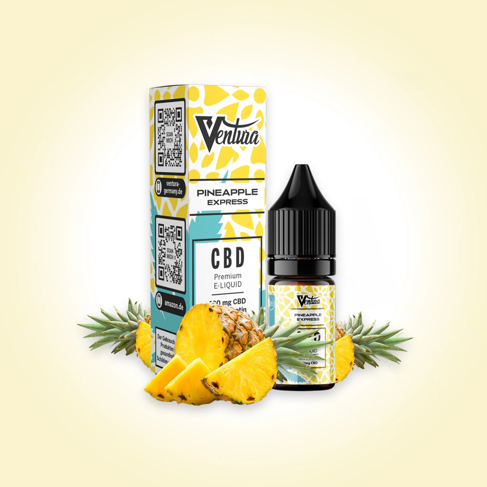 Ventura Pineapple Express CBD E-Liquid: Fläschchen und Verpackung mit Ananas-Dekor