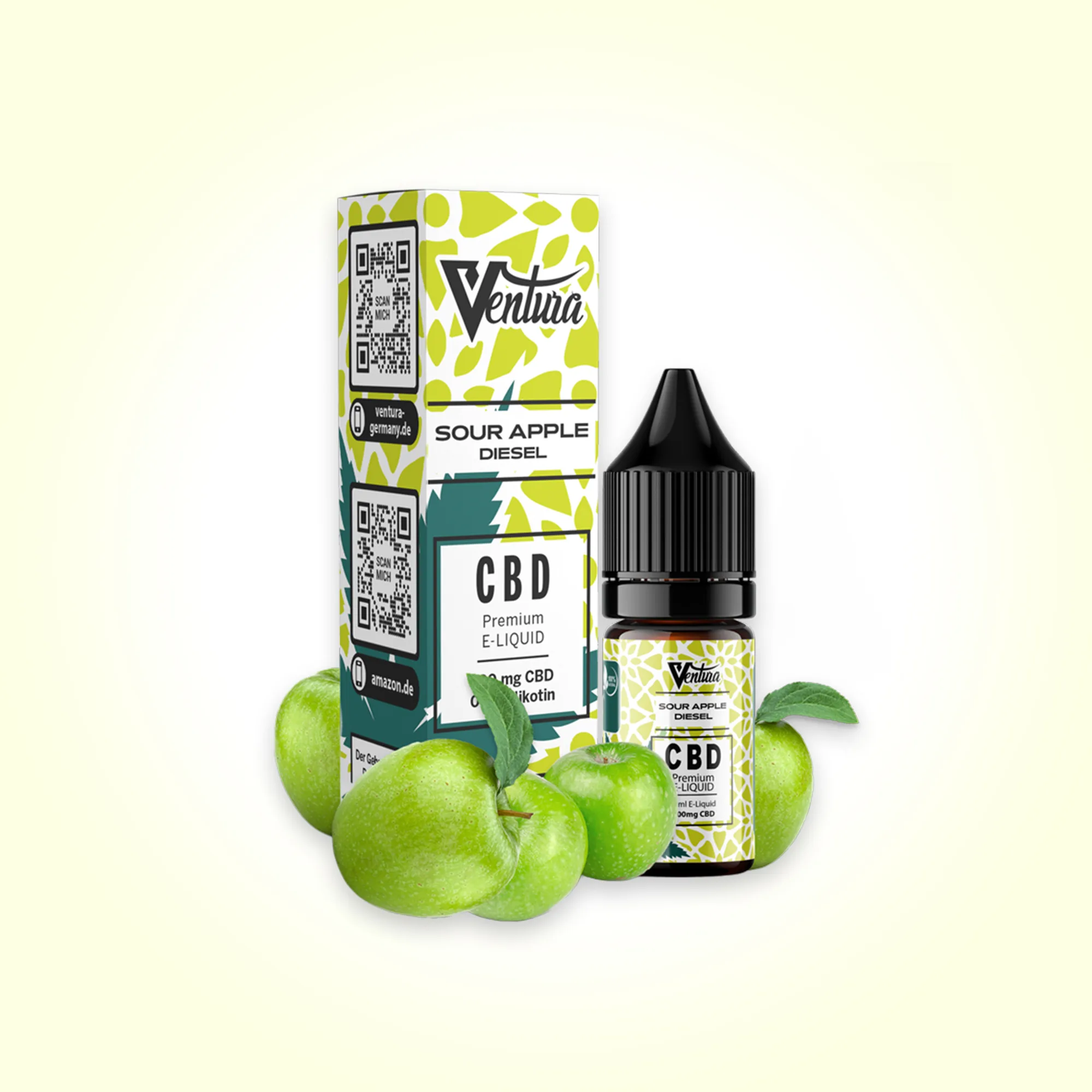 Ventura Sour Apple Diesel CBD E-Liquid Verpackung und Tropfflasche mit grünen Äpfeln