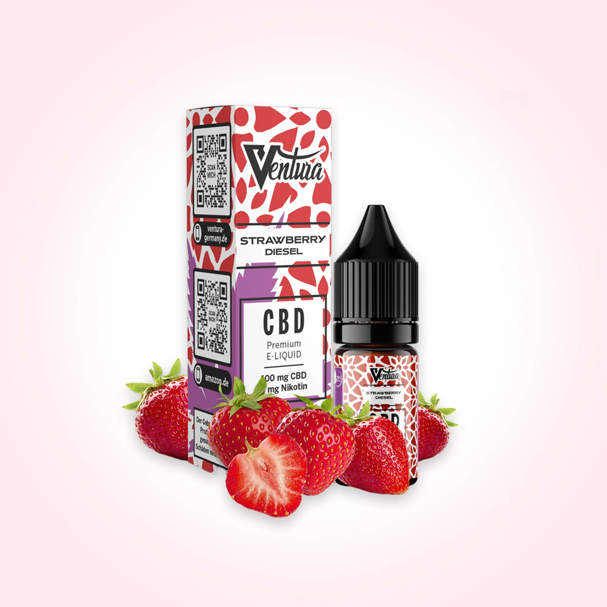 Ventura CBD E-Liquid Strawberry Diesel: Packung, Tropfflasche und frische Erdbeeren