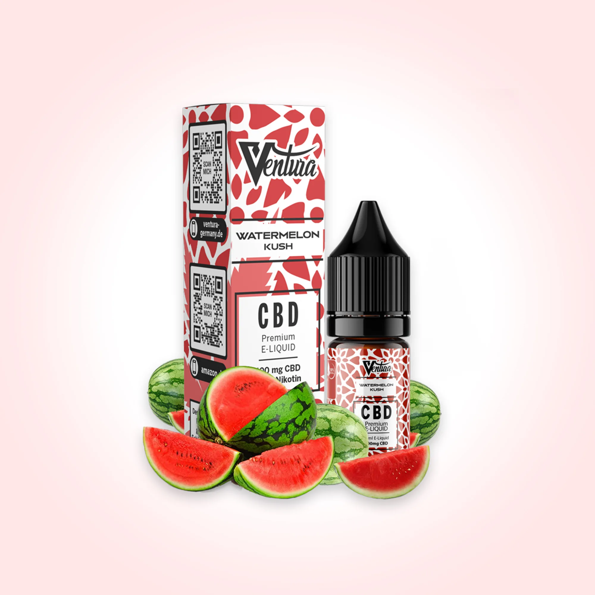 Ventura Watermelon Kush CBD E-Liquid Fläschchen mit Umverpackung und frischen Wassermelonen-Scheiben