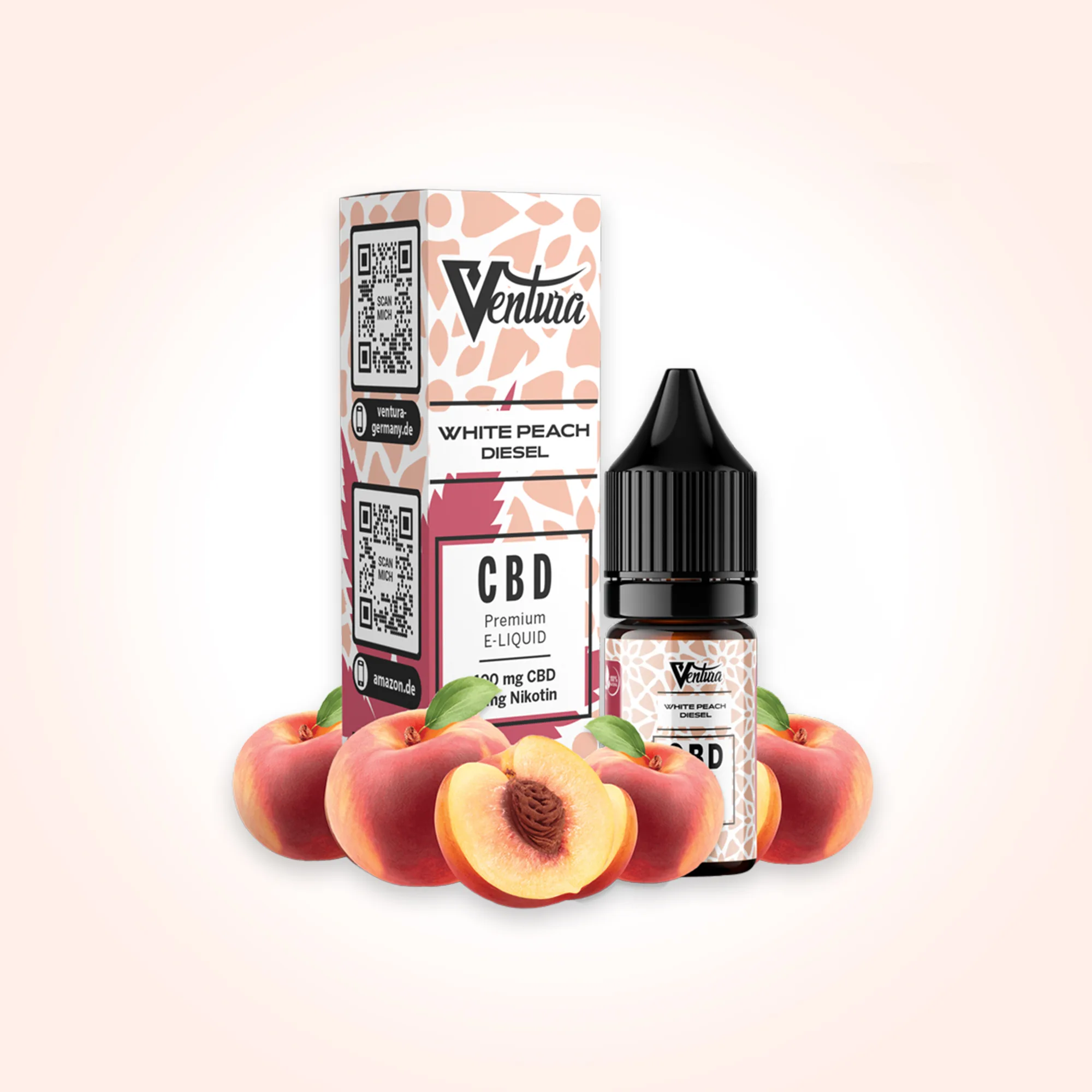 Ventura CBD E-Liquid White Peach Diesel: Verpackung, Tropfflasche und Pfirsiche, 100 mg CBD sichtbar