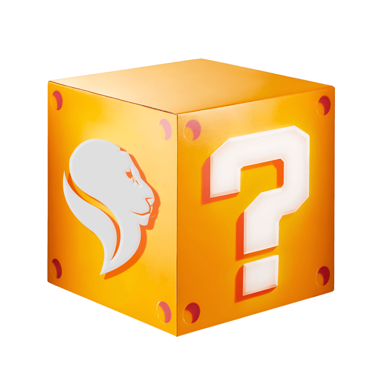 3D-Illustration eines orangefarbenen Geschenkwürfels mit weißem Löwen-Logo und großem Fragezeichen auf den Seiten.