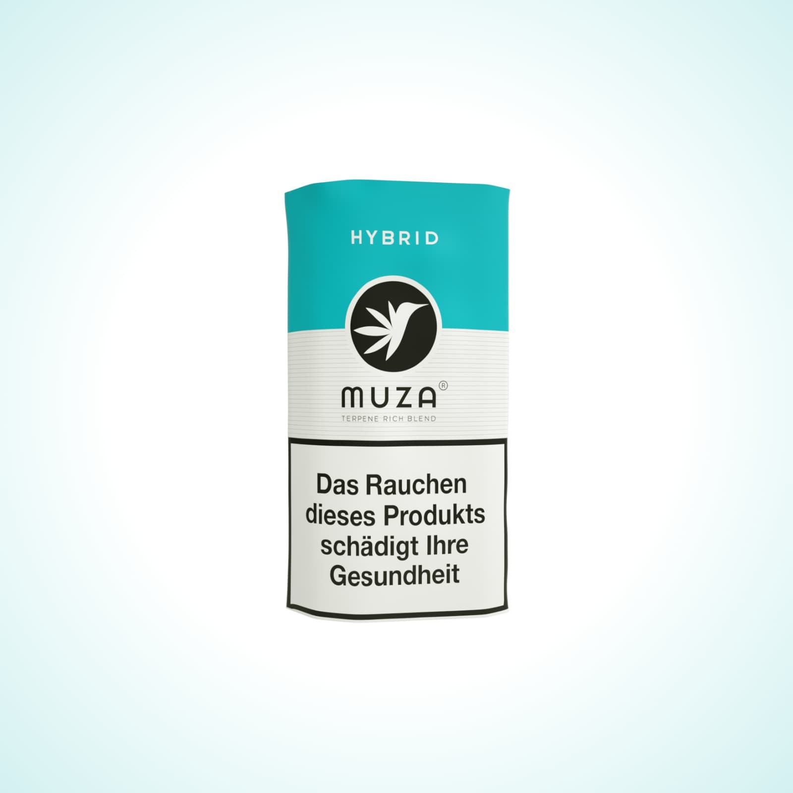 MUZA Hybrid Packung mit frisch-minzigem Terpene-Blend und großem Gesundheitswarnhinweis