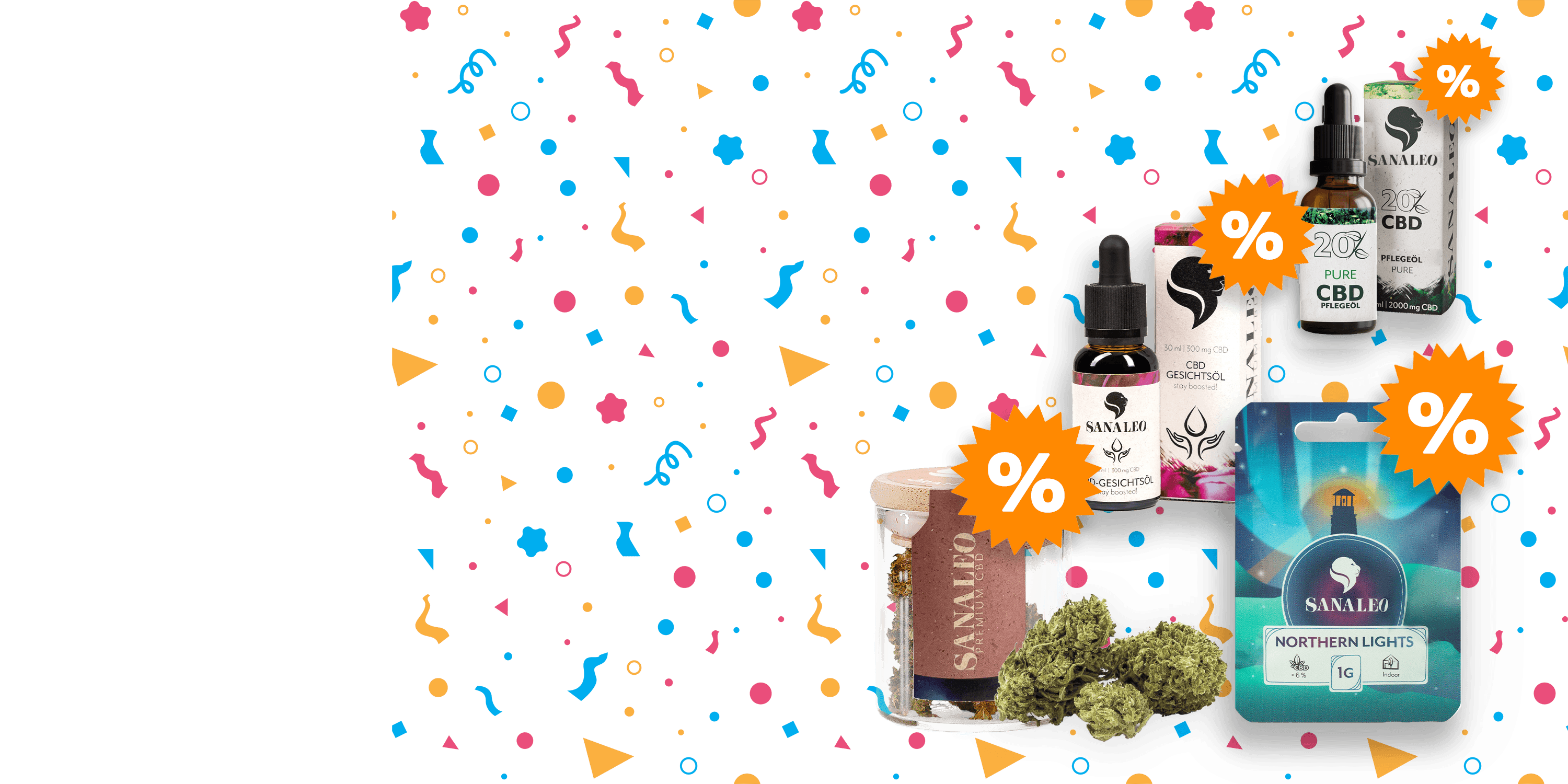 CBD-Produkte im Angebot mit Sanaleo CBD-Gesichtsölen, CBD-Pflegeölen und Northern Lights Blüten, buntes und festliches Hintergrunddesign.