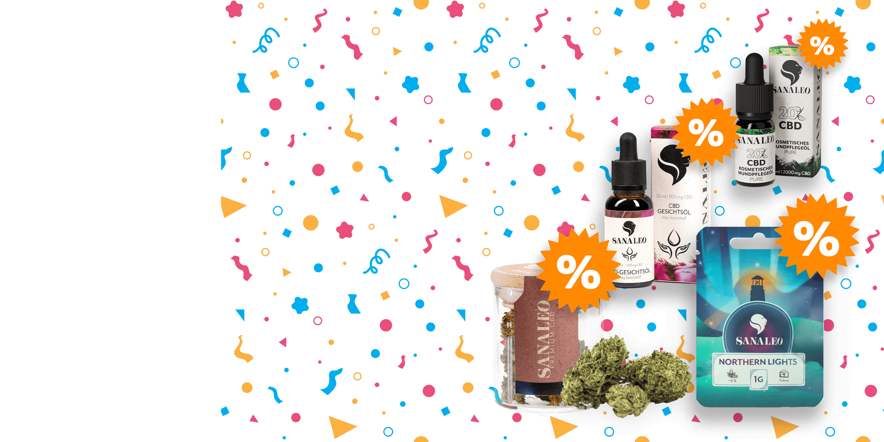 CBD-Produkte im Angebot mit Sanaleo CBD-Gesichtsölen, Mundpflegeölen und Northern Lights Blüten, buntes und festliches Hintergrunddesign.