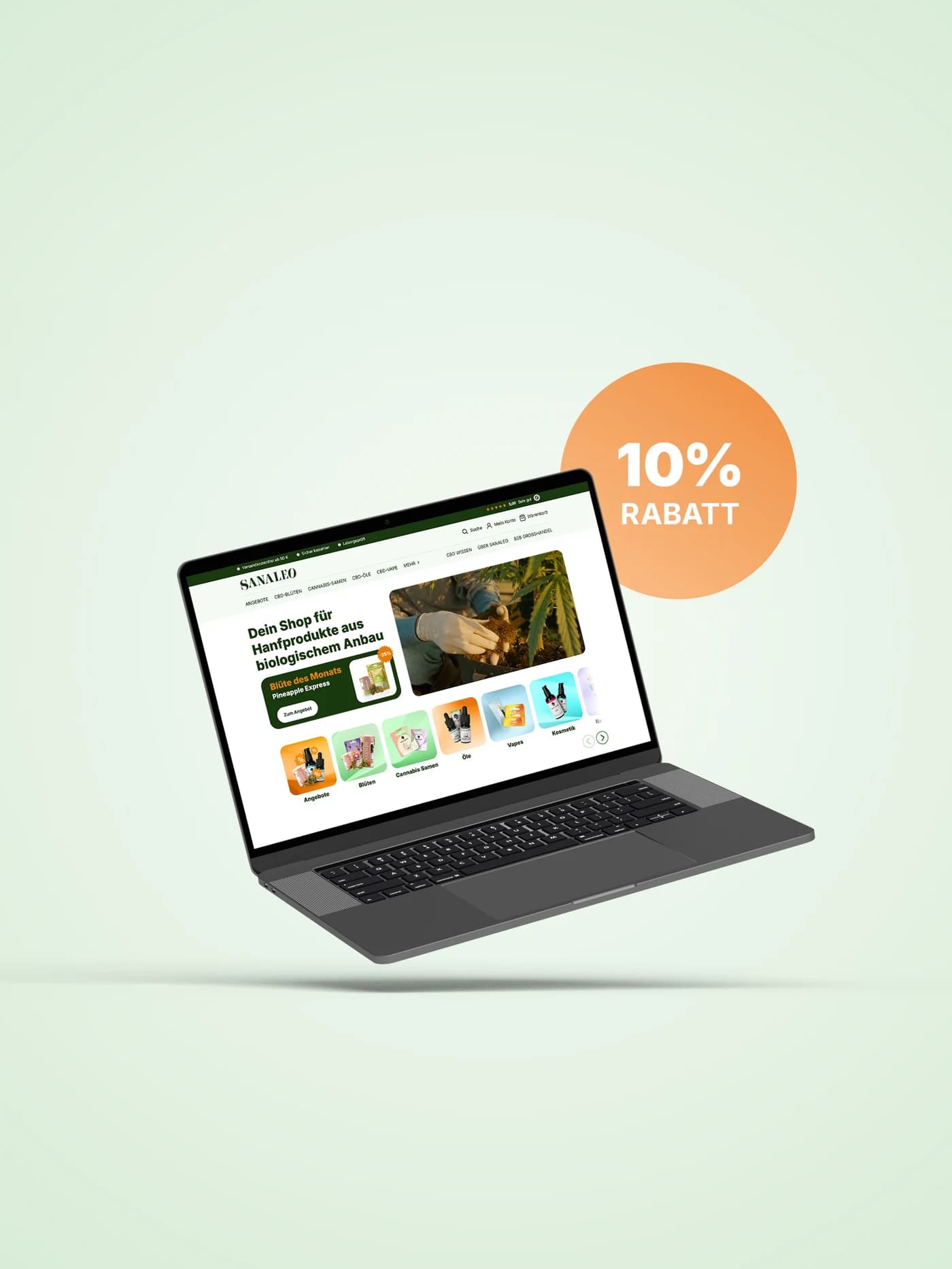 Laptop mit dem SANALEO Onlineshop und einem Störer mit 10 Prozent Rabatt vor hellgrünem Hintergrund.