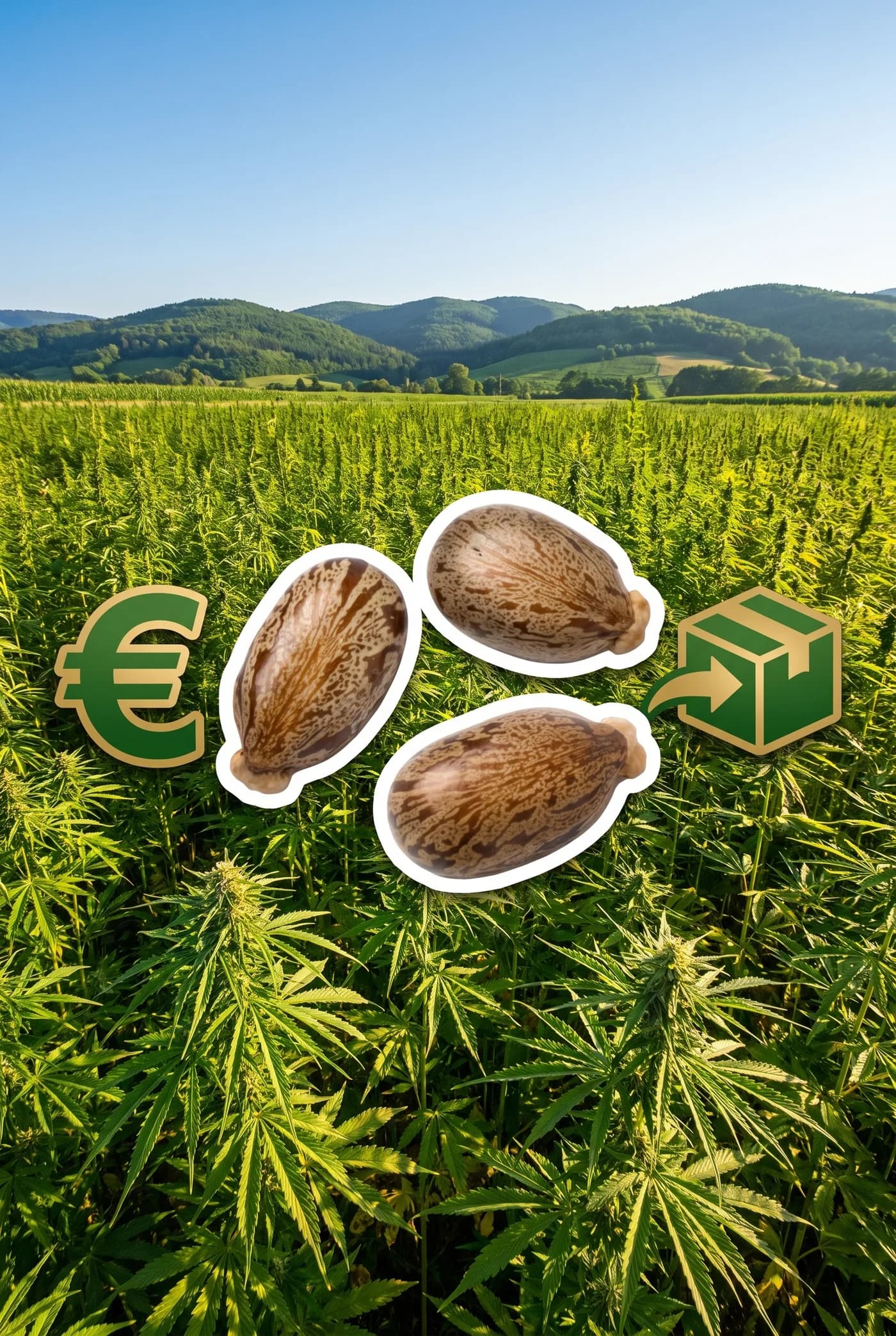 Drei Cannabis Samen über einem Hanffeld in der Sonne, daneben ein Euro-Zeichen und ein Paket als Symbole für Preis und Versand
