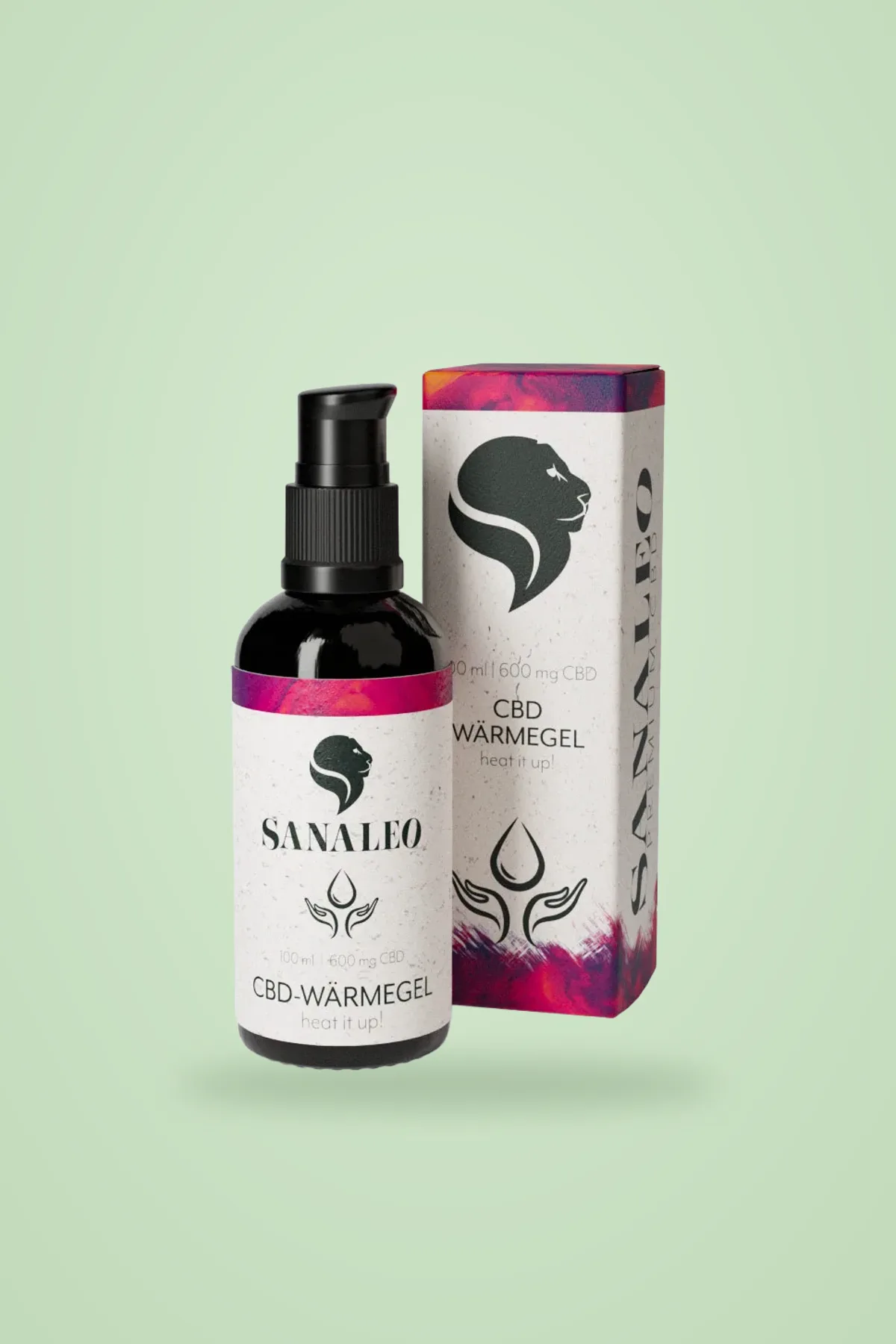 Sanaleo CBD Wärmegel mit 600 mg CBD auf 100 ml, Pumpflasche und Verpackung vor grünem Hintergrund.