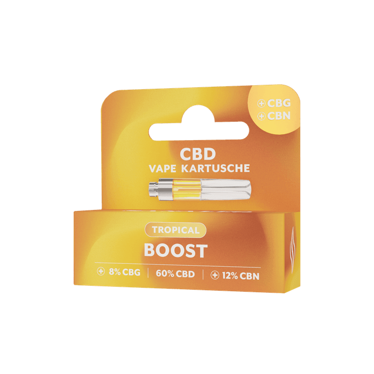 CBD Vape Kartusche "Tropical Boost" , verpackt in einer leuchtend orangefarbenen Schachtel. Enthält 8% CBG, 60% CBD und 12% CBN. Ideal für ein erfrischendes Dampferlebnis.