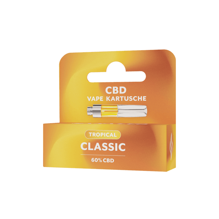 CBD Vape Kartusche Tropical Classic, 60% CBD-Gehalt, verpackt in einer leuchtend orangefarbenen Schachtel. Ideal für eine angenehm tropische Vaping-Erfahrung. Perfekt für den Genuss von hochwertigen CBD-Ölen.