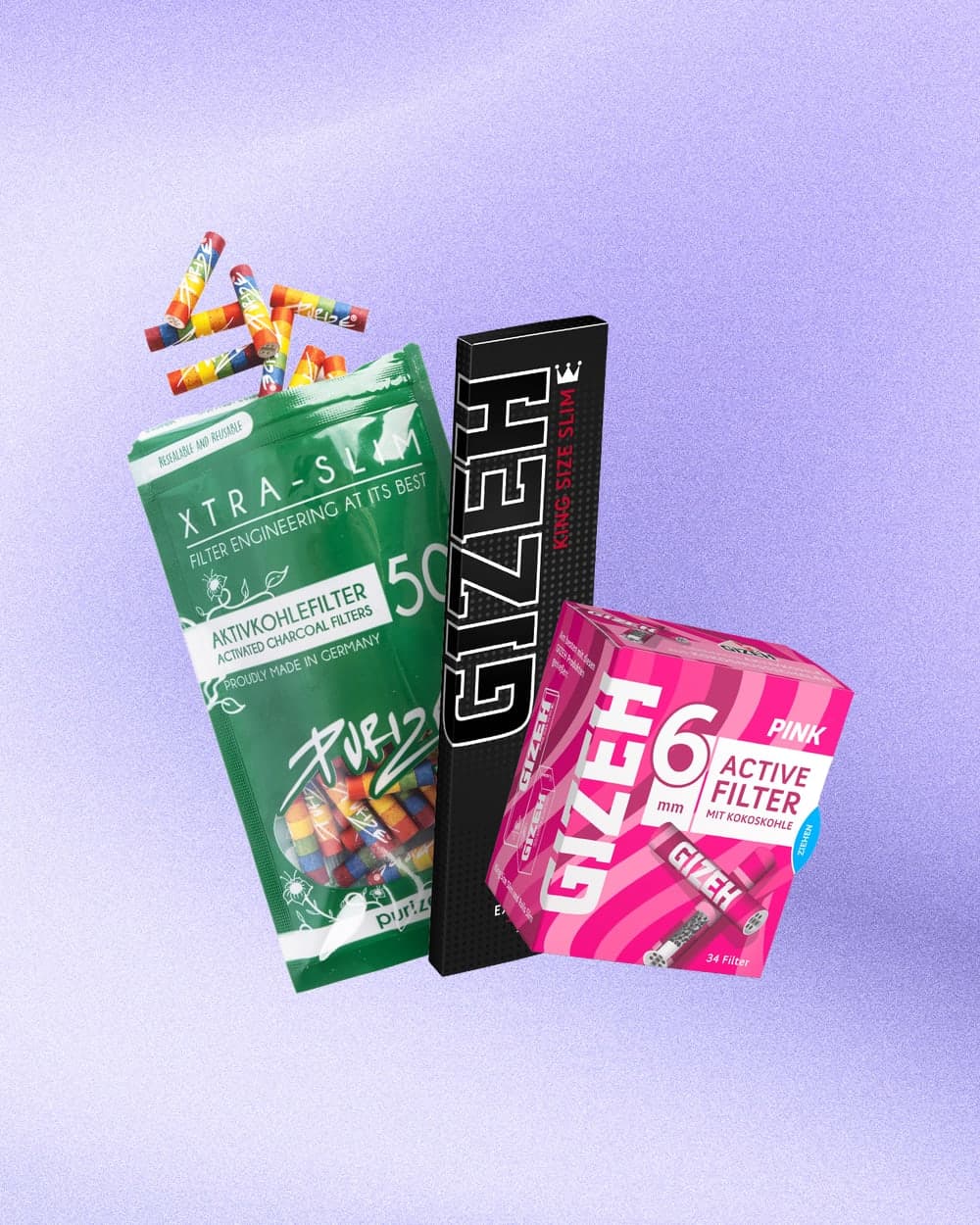 Purize Aktivkohlefilter Xtra Slim, Gizeh Black King Size Slim Papers und pinke Gizeh Active Filter vor violettem Hintergrund.